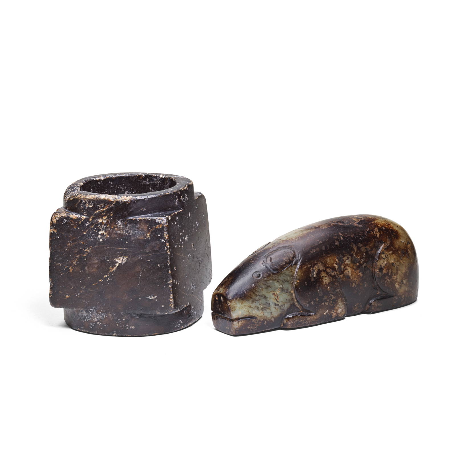 A BLACK JADE CARVING OF A PIG AND A CONG Ming Dynasty or later (2)