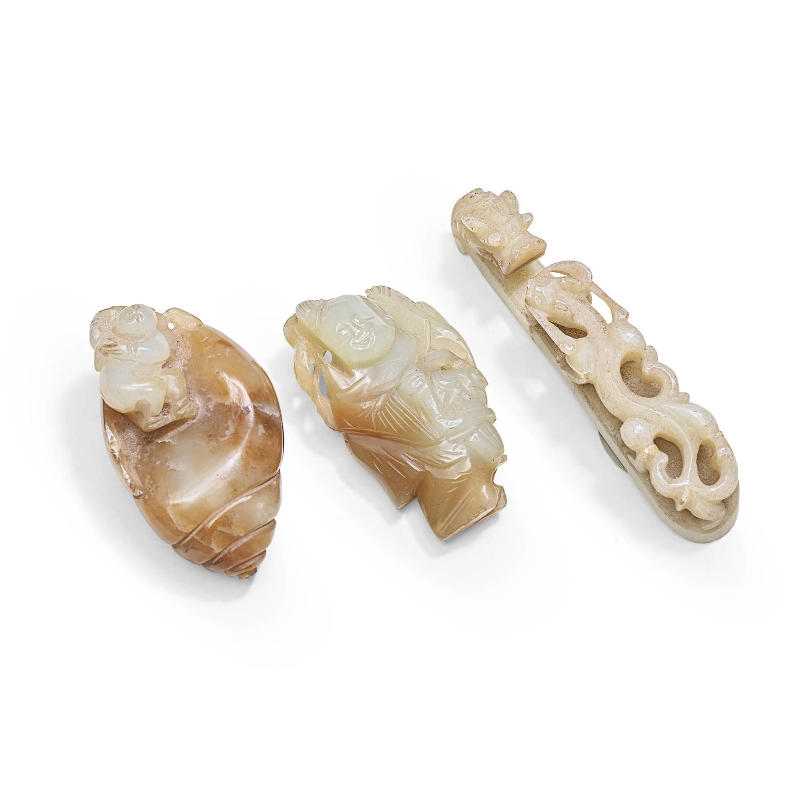 TWO JADE FIGURAL CARVINGS AND A BELT HOOK 18th/19th century (4)