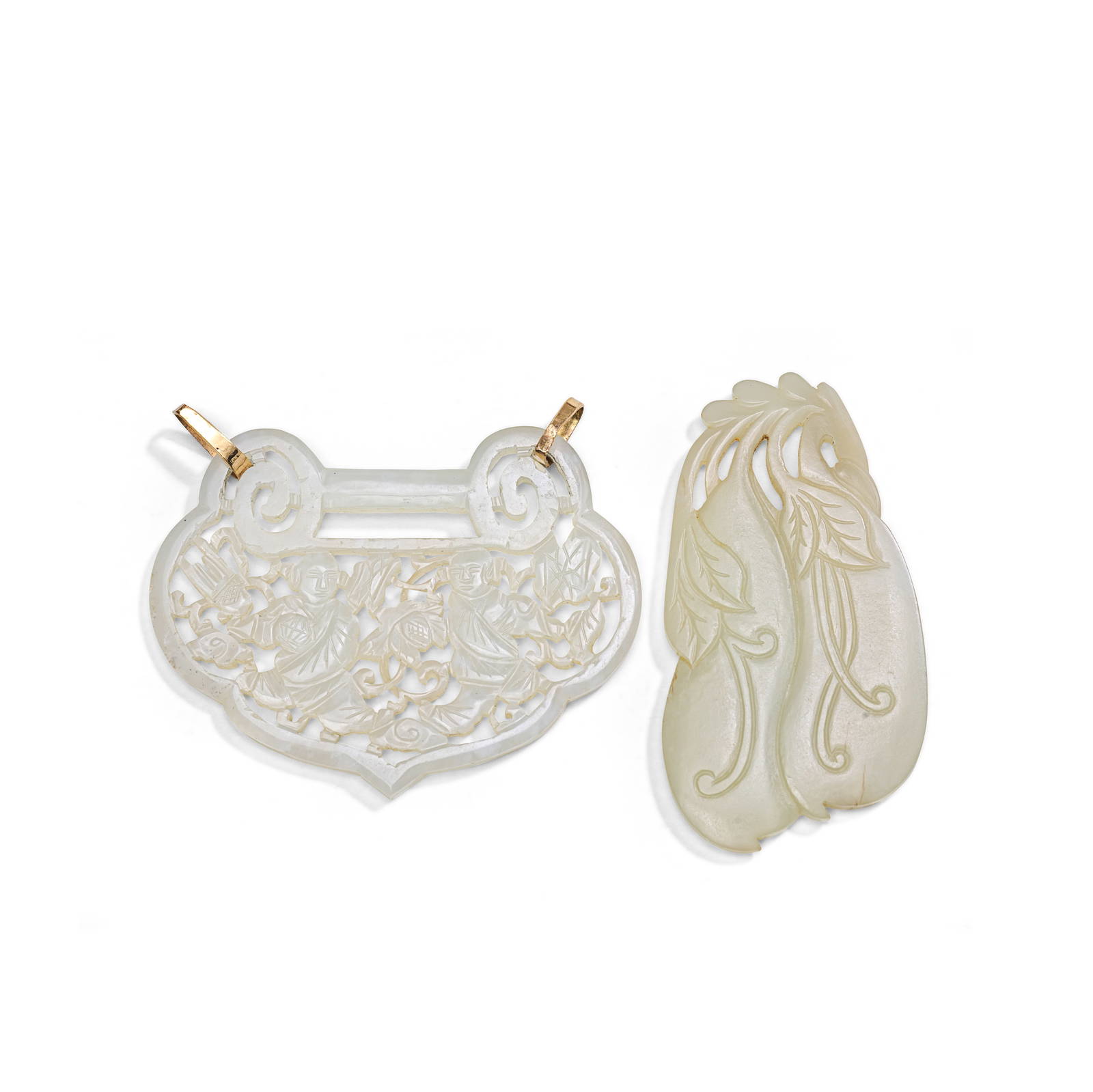 A WHITE JADE 'LOCK' PLAQUE AND A JADE BEAN POD PLAQUE Qing Dynasty