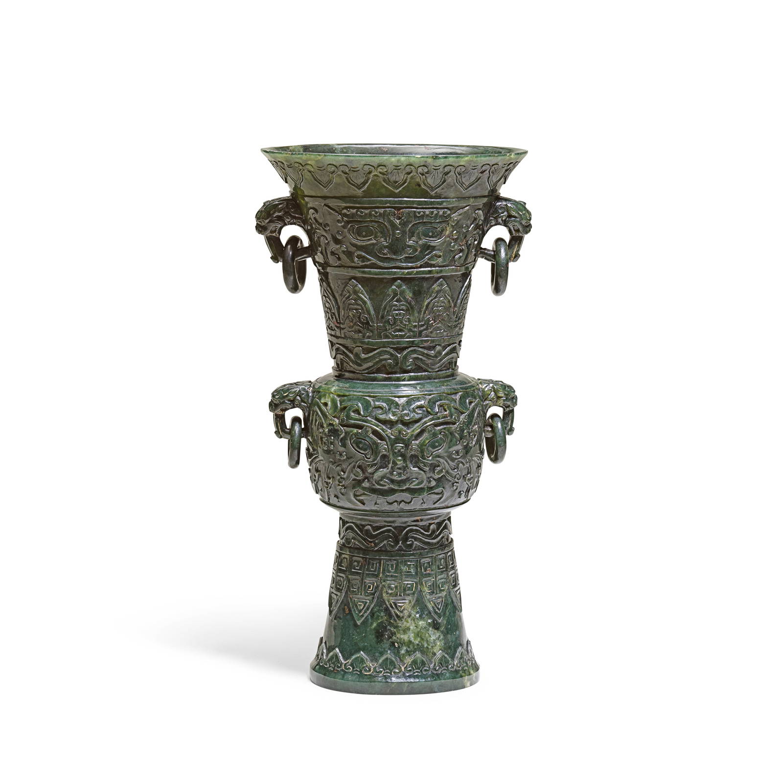 AN ARCHAISTIC SPINACH JADE VASE, GU Late Qing/Republic