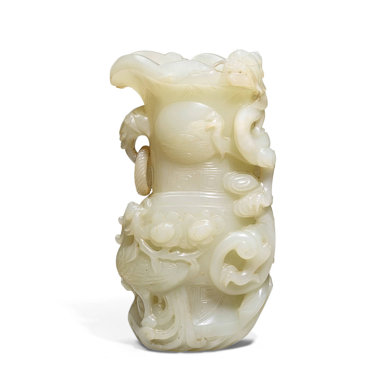 AN ARCHAISTIC WHITE JADE 'DRAGON AND PHOENIX' RHYTON 20th century