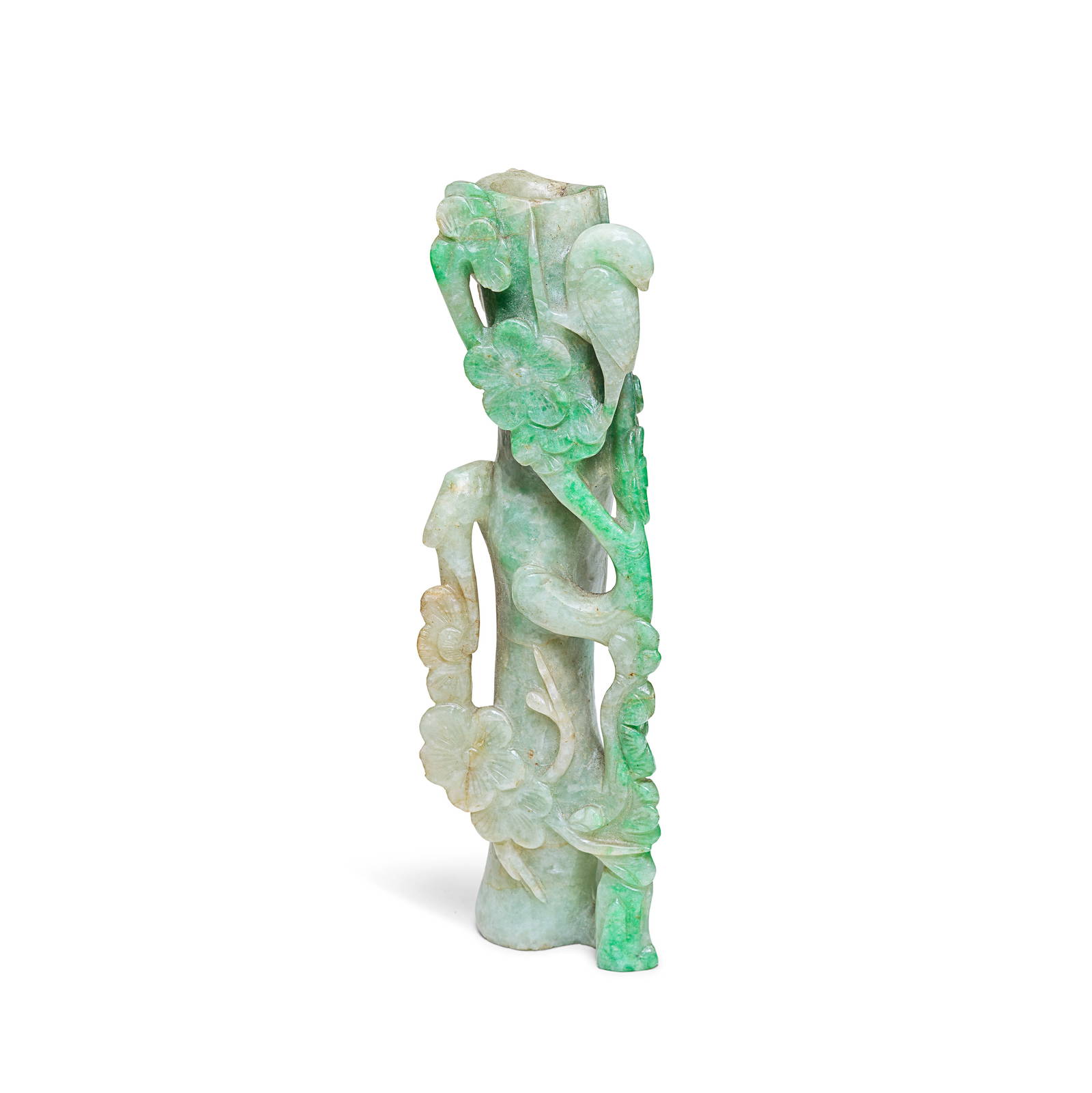 A CARVED JADEITE 'BIRD AND PRUNUS' SPILL VASE 19th century
