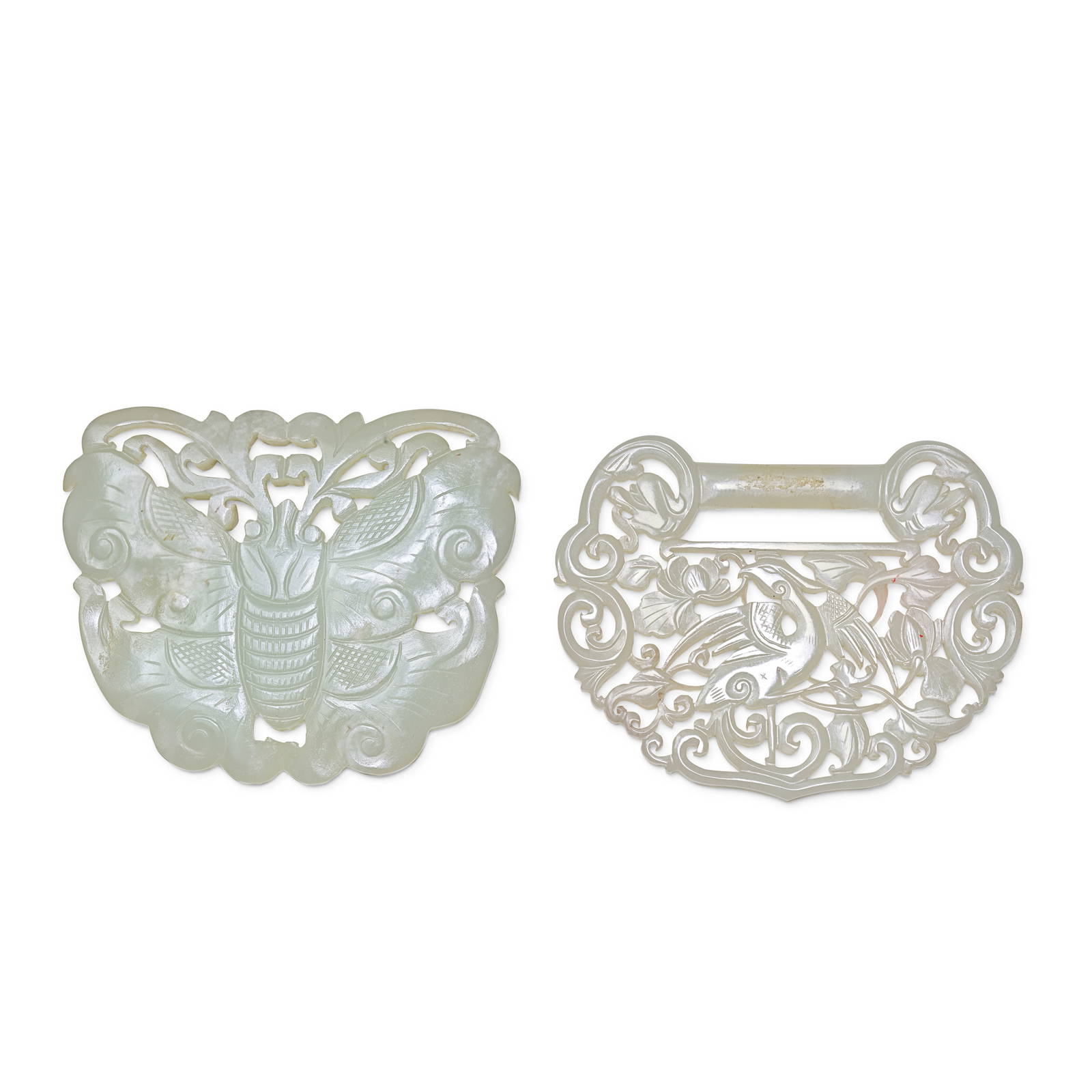 A CARVED WHITE JADE 'LONGEVITY LOCK' PLAQUE AND A WHITE JADE 'BUTTERFLY' PLAQUE 19th/20th century
