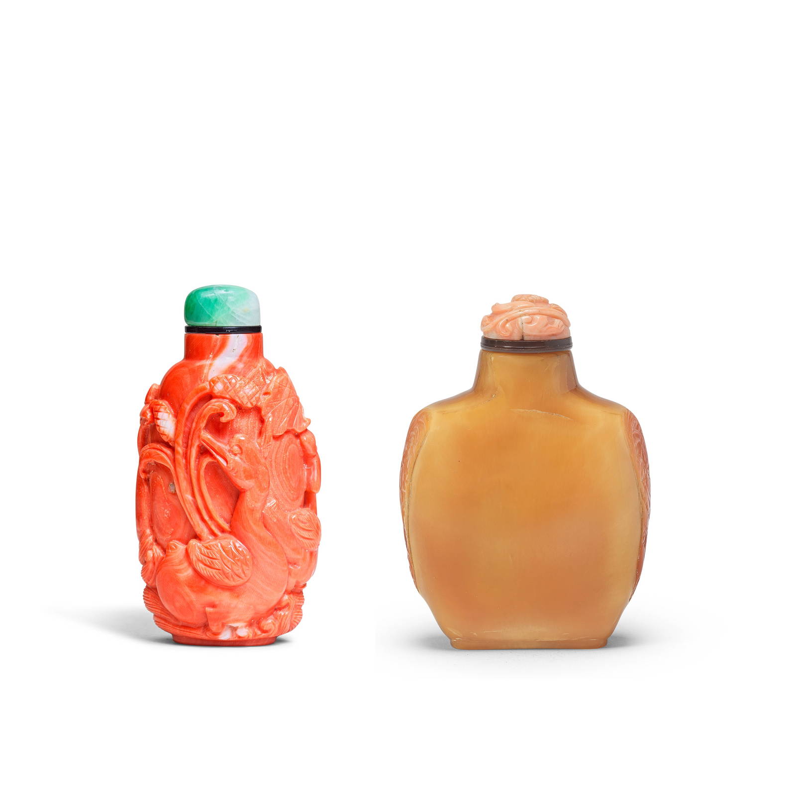 A HORNBILL SNUFF BOTTLE AND A CORAL 'LOTUS POND' SNUFF BOTTLE 19th century (4)