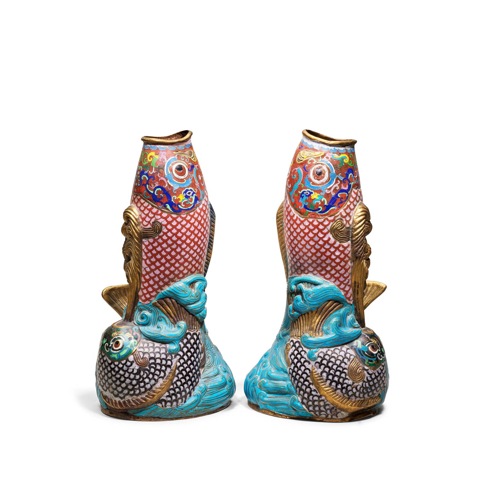 A PAIR OF CLOISONNÉ ENAMEL 'CARP' VASES 20th century (2)