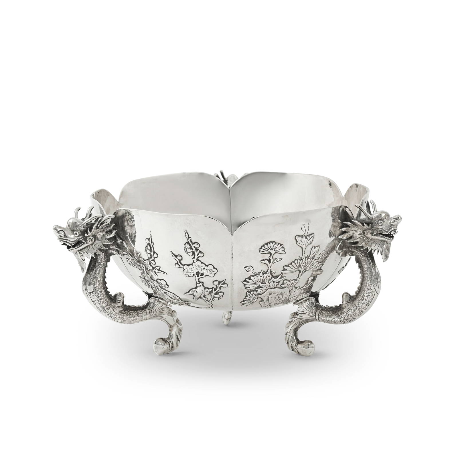 A CHINESE EXPORT SILVER FLOWER-FORM BOWL Stamped marks of Sing Fat and Wing Fat, late 19th/early...