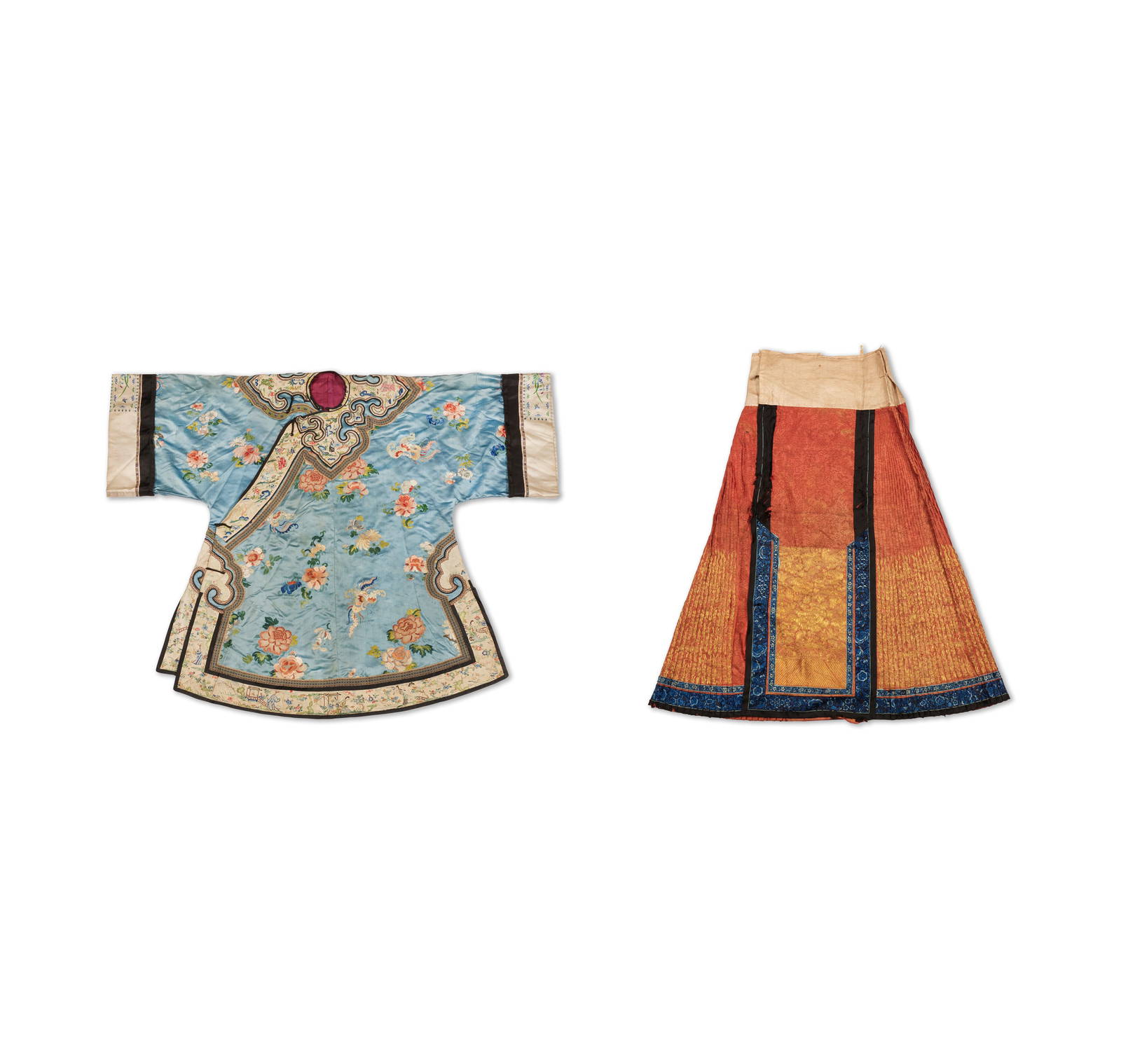 A TURQUOISE-GROUND EMBROIDERED LADY'S INFORMAL COAT AND A RED-GROUND SKIRT 19th century (2)