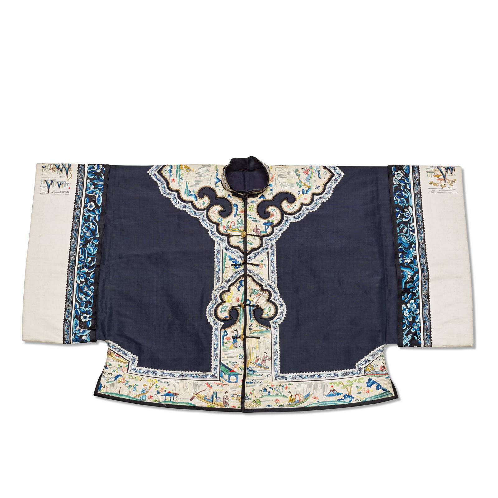 A MIDNIGHT BLUE GROUND SILK WOMAN'S INFORMAL SURCOAT, WAITAO Late 19th century