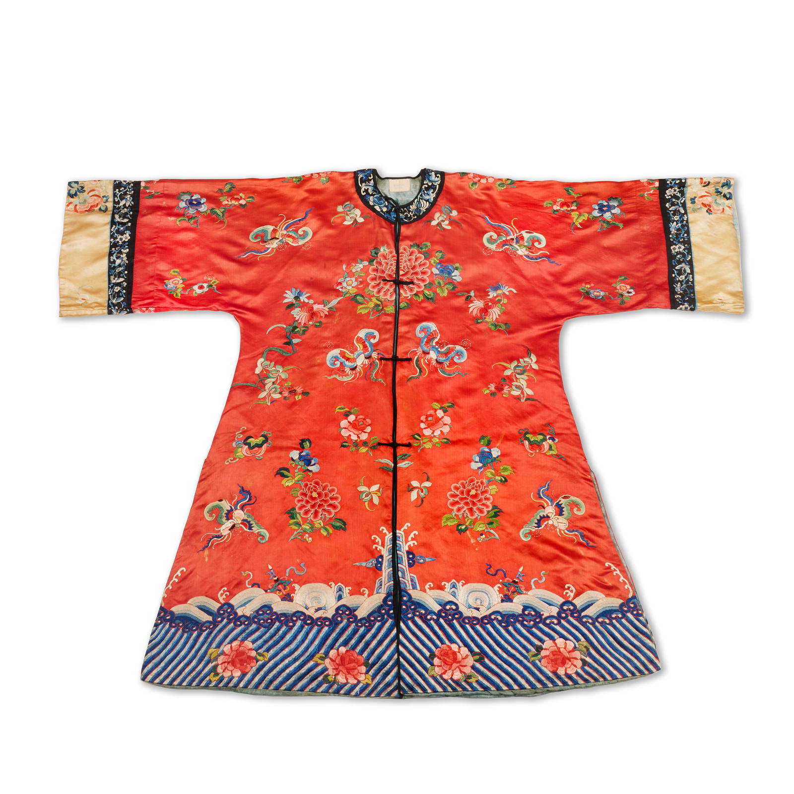 A RED-GROUND EMBROIDERED LADY'S ROBE 19th century