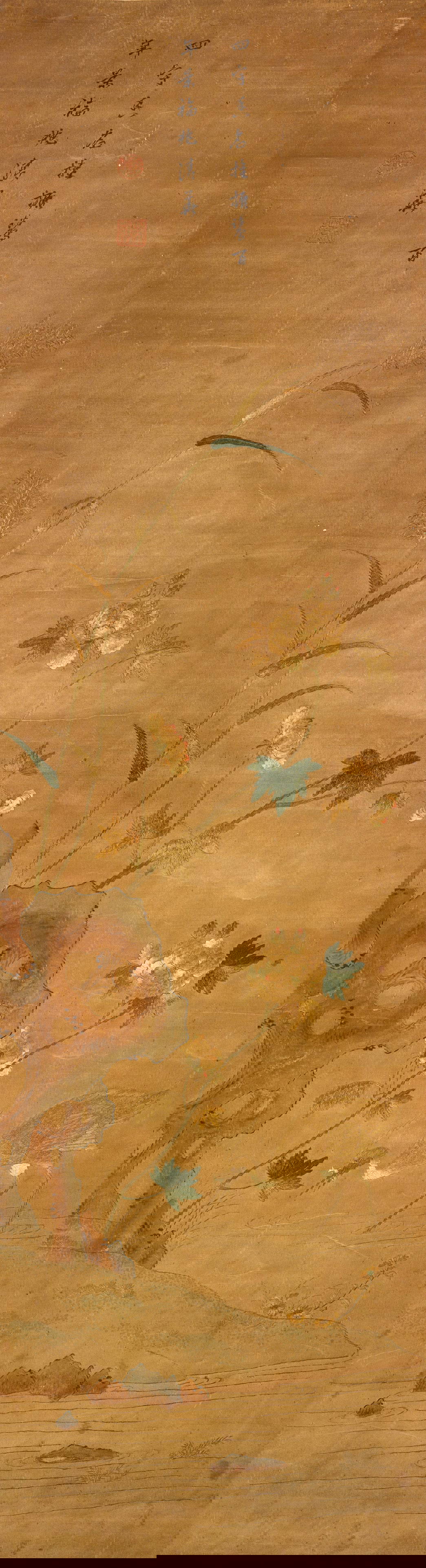 AN EMBROIDERED AND PAINTED 'HERON' SILK SCROLL ATTRIBUTED TO A MEMBER OF THE GU FAMILY Kangxi