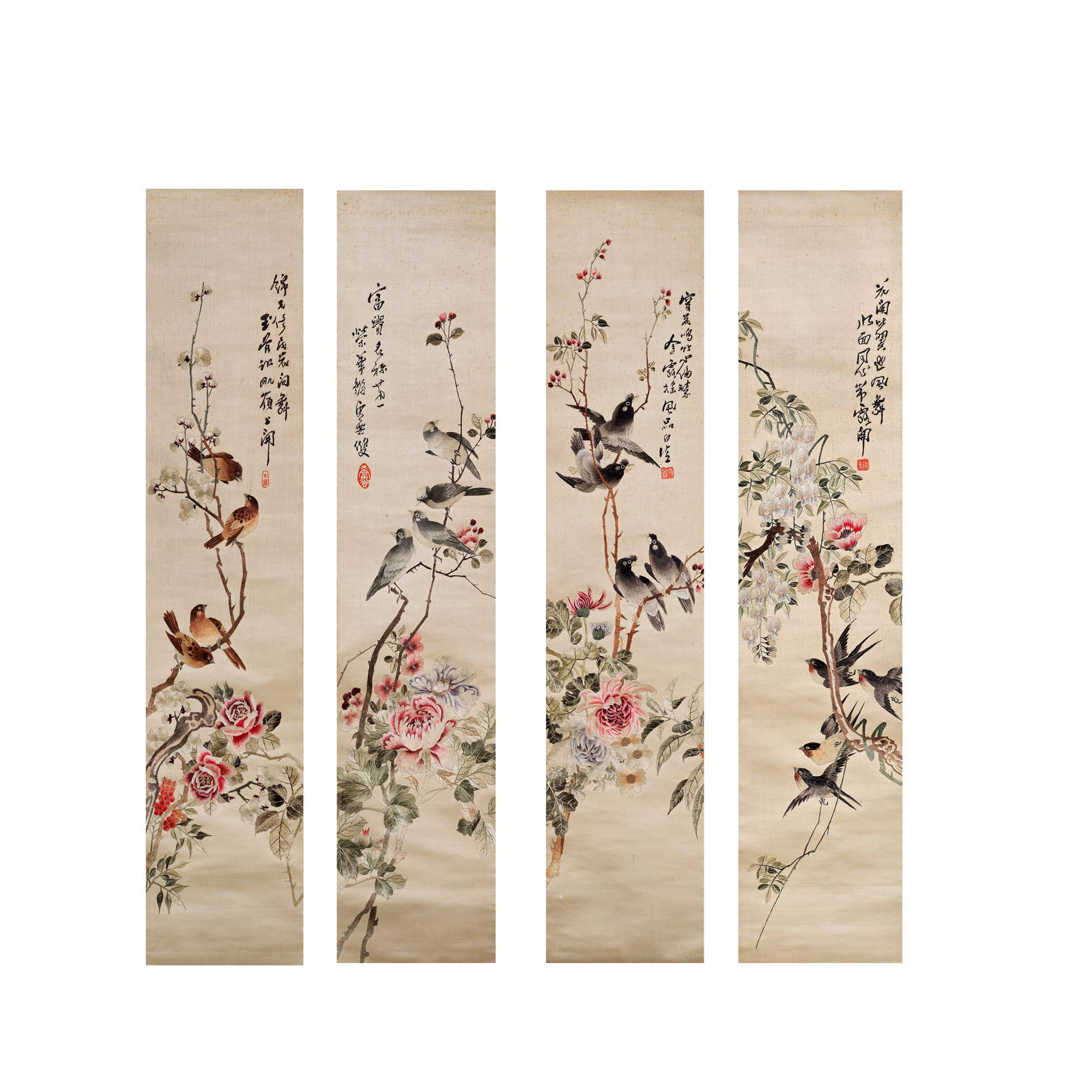A SET OF FOUR EMBROIDERED 'BIRD' SCROLLS 20th century (4)