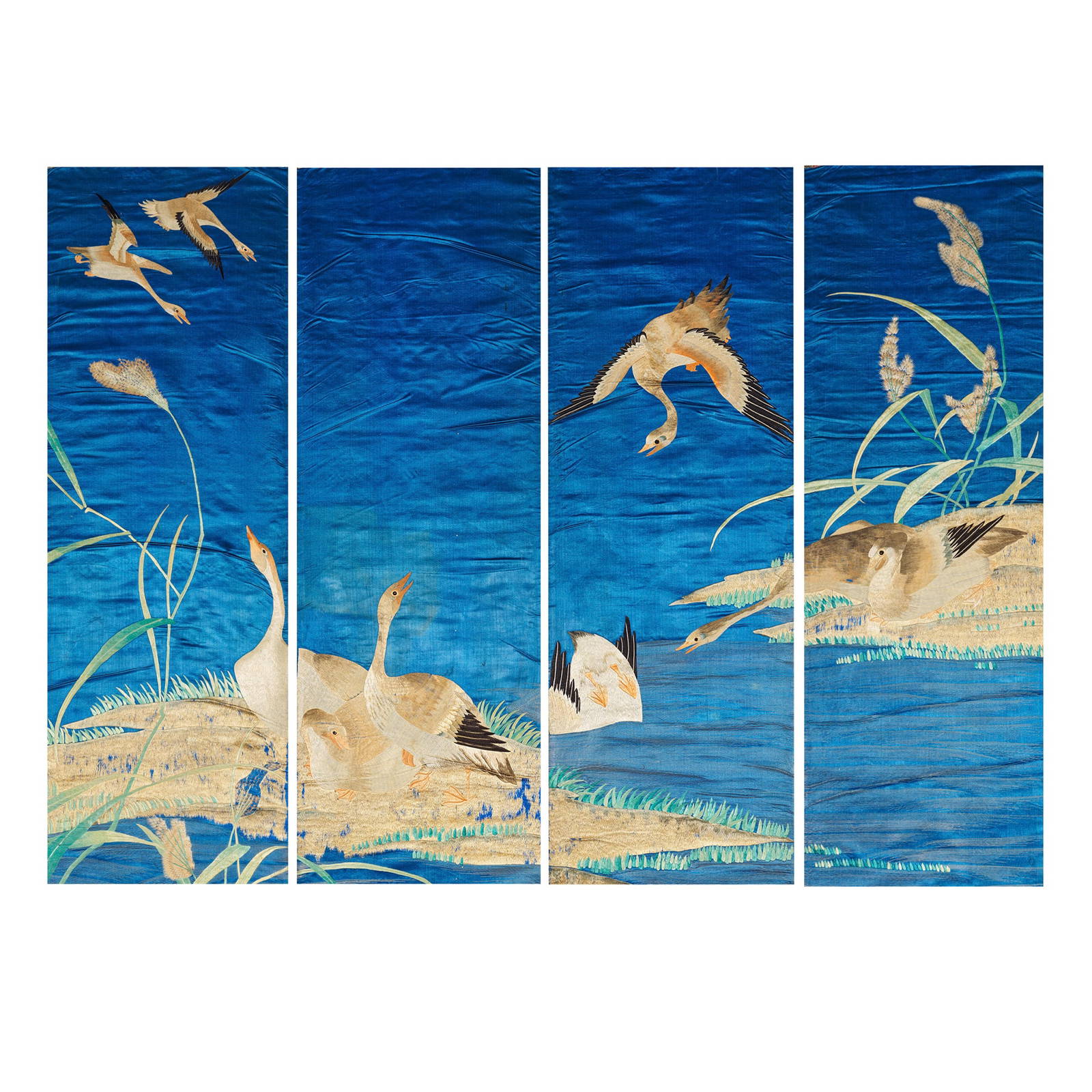 A SET OF FOUR EMBROIDERED SILK 'LOTUS POND' PANELS Early 20th century (4)