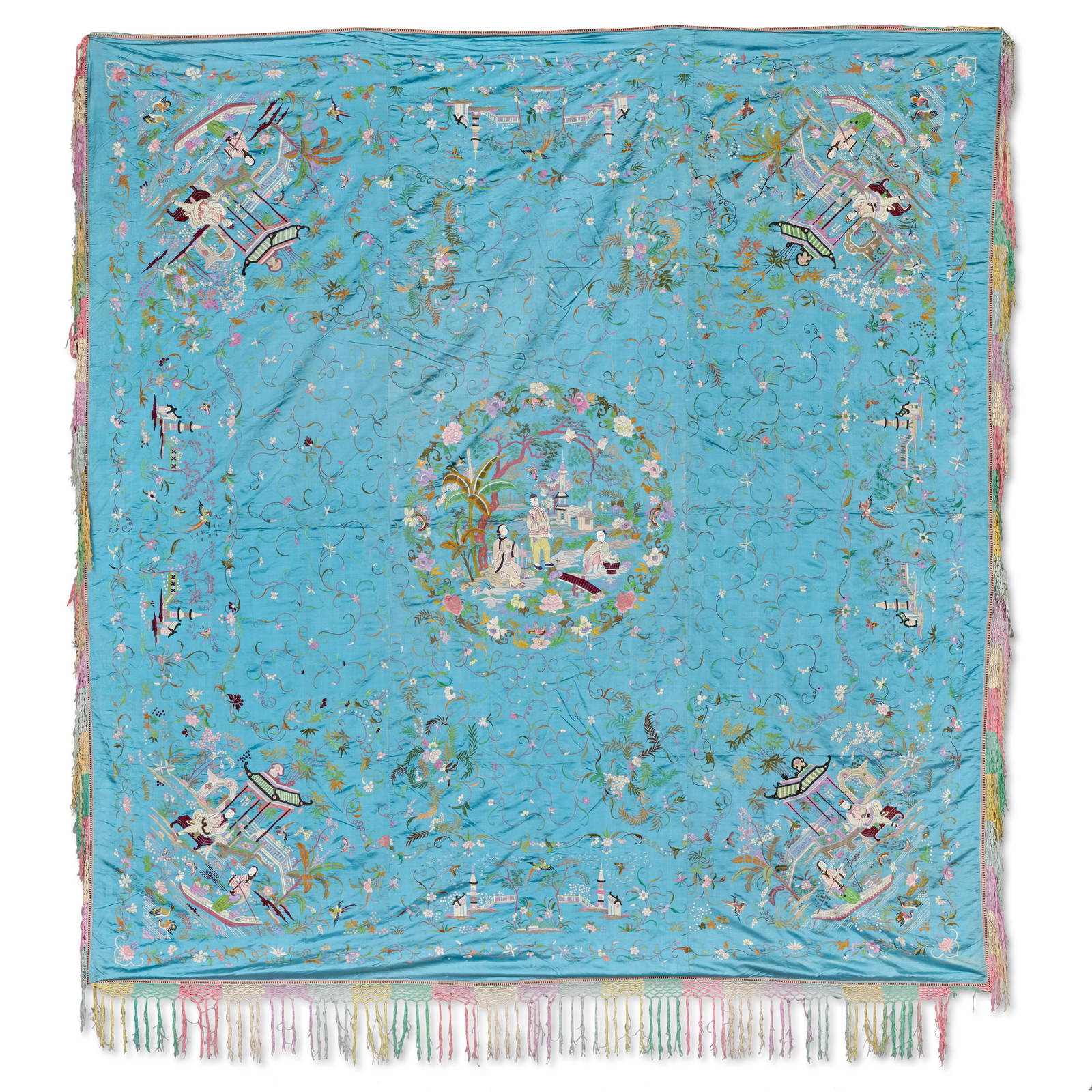 A FINE SILK EMBROIDERED CANTON COVERLET Late 19th century