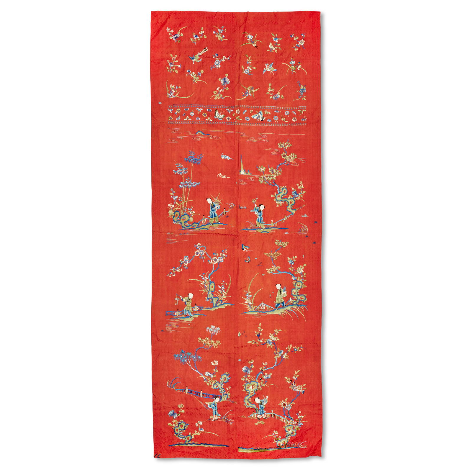 A RED GROUND SILK EMBROIDERED PANEL 19th century