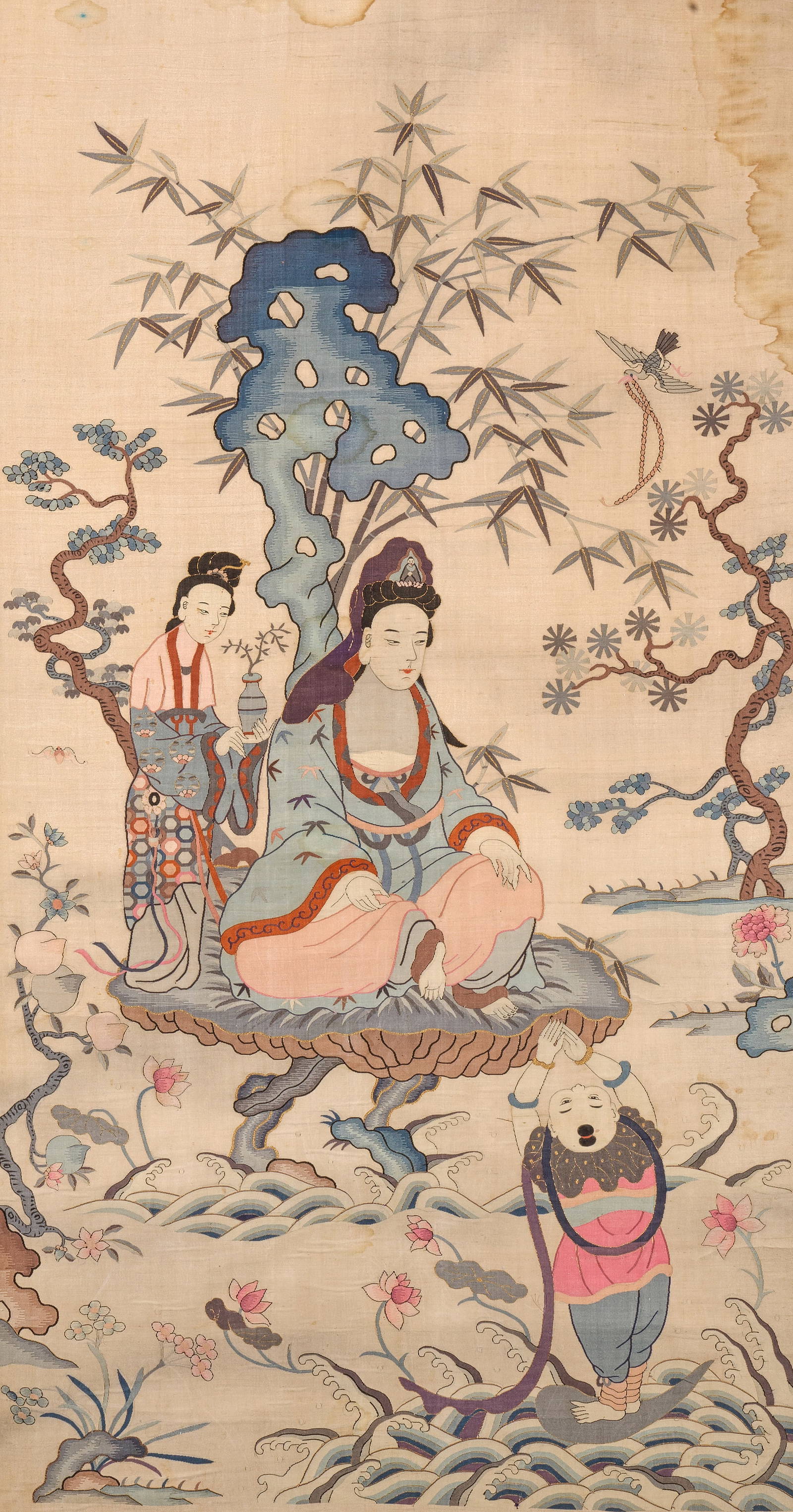 A 'GUANYIN AND ATTENDANT' KESI PANEL Late Qing Dynasty