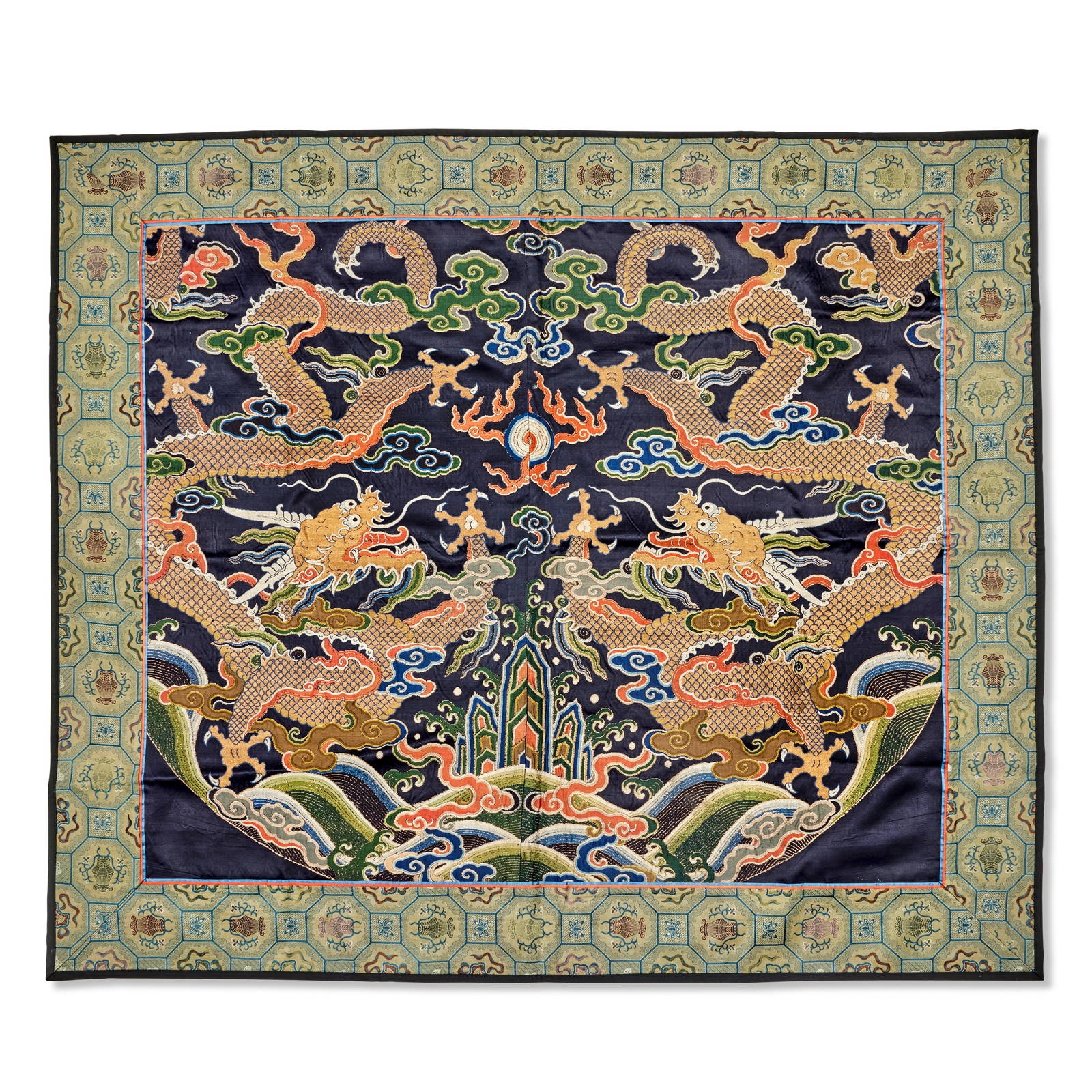A MIDNIGHT-BLUE GROUND DRAGON PANEL 18th/19th century