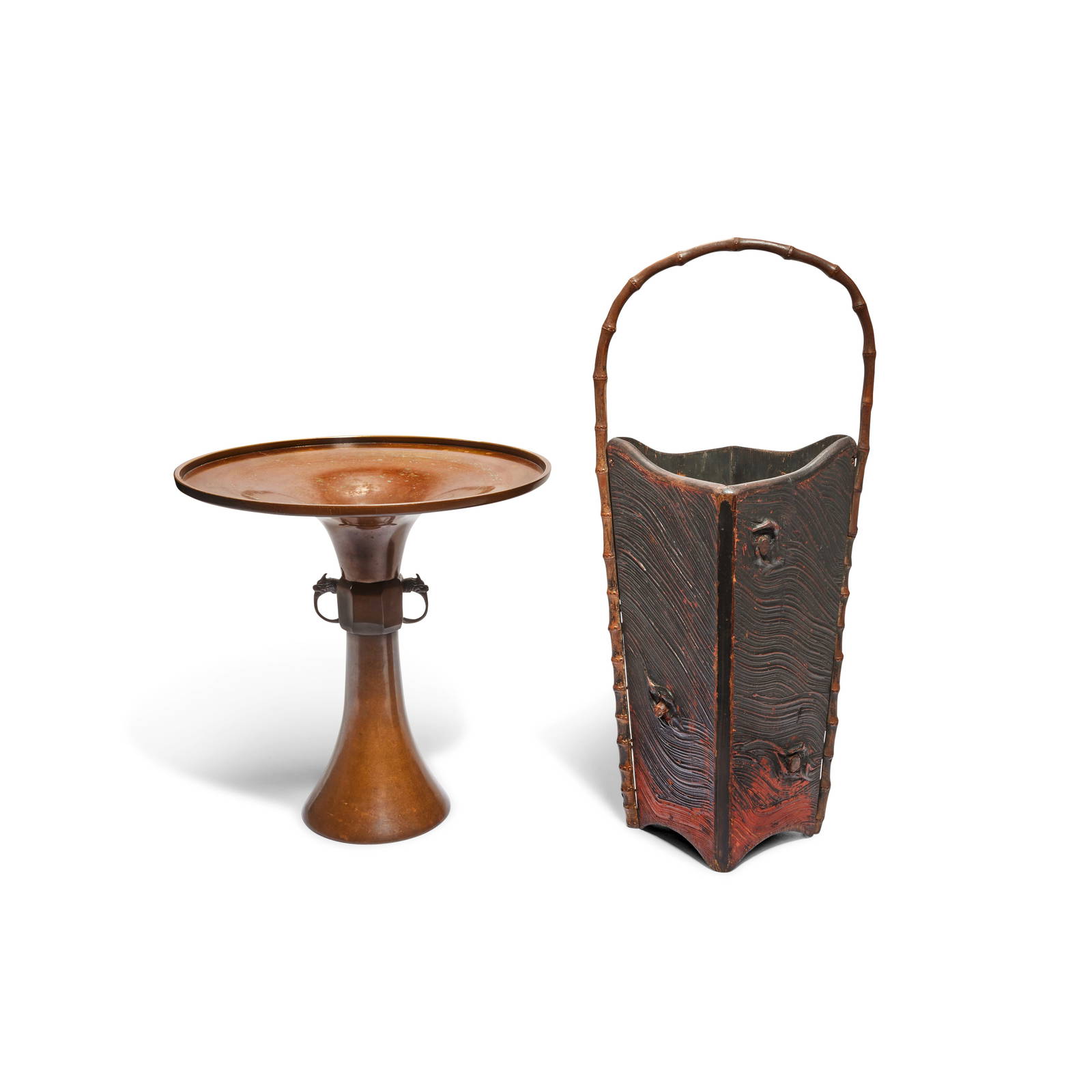 A LACQUERED BAMBOO AND WOOD FLOWER BASKET AND A BRONZE IKEBANA VASE Meiji Period (2)