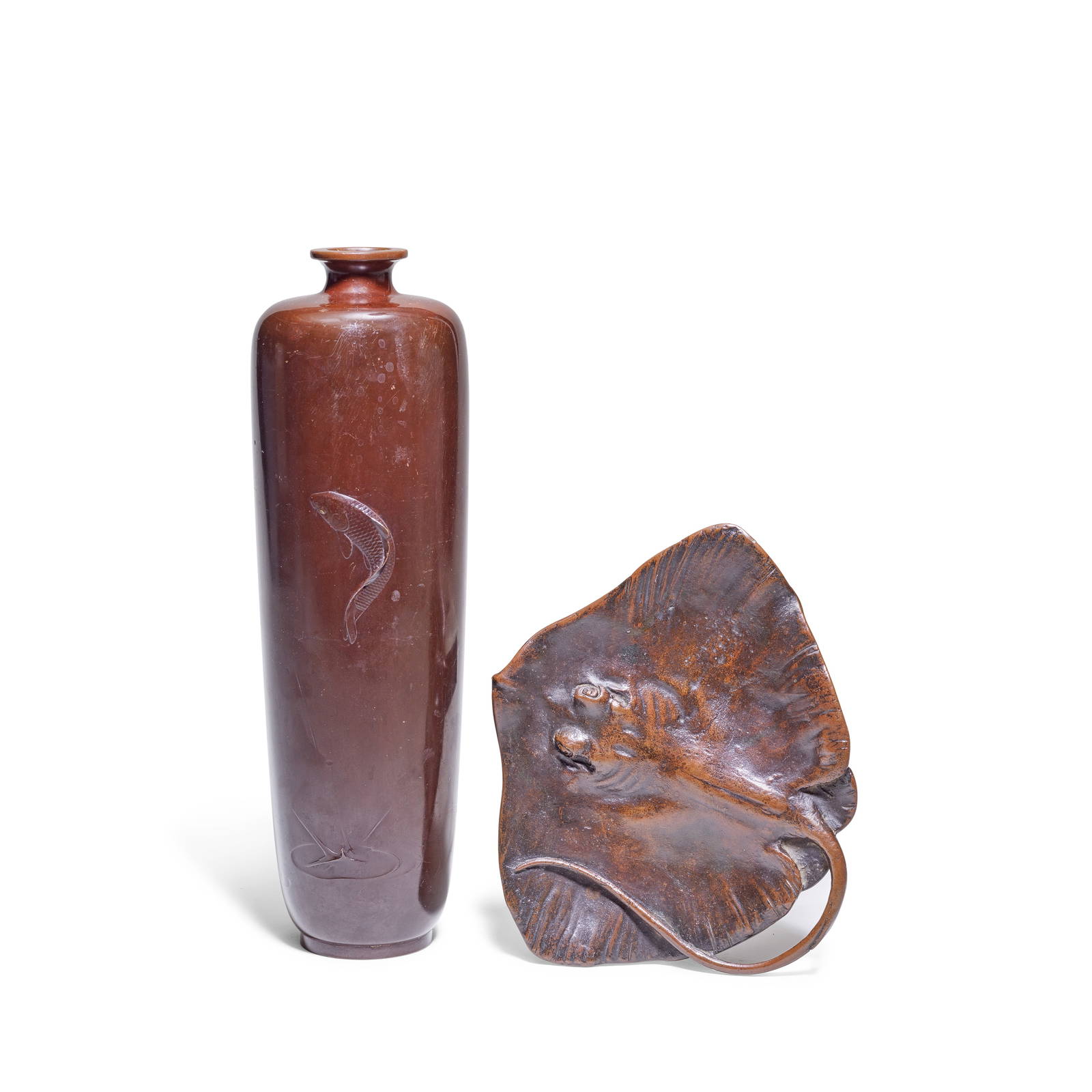 A BRONZE MODEL OF A MANTARAY AND A BRONZE 'LEAPING CARP' VASE 19th century (2)