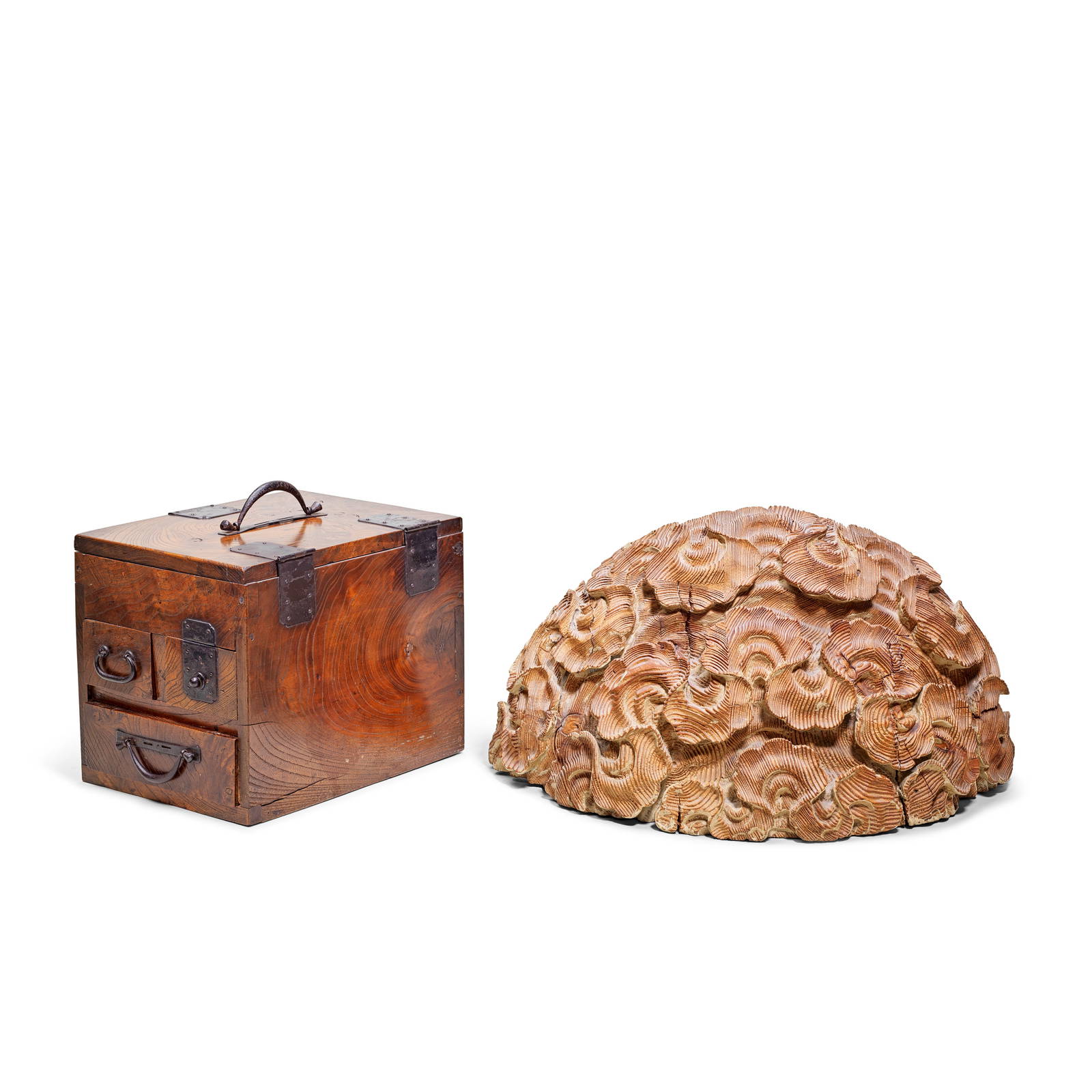 A LARGE CARVED WOOD CLOUD FORM WALL BRACKET AND A WOOD SUZURIBAKO (BOX FOR WRITING UTENSILS) 20t...