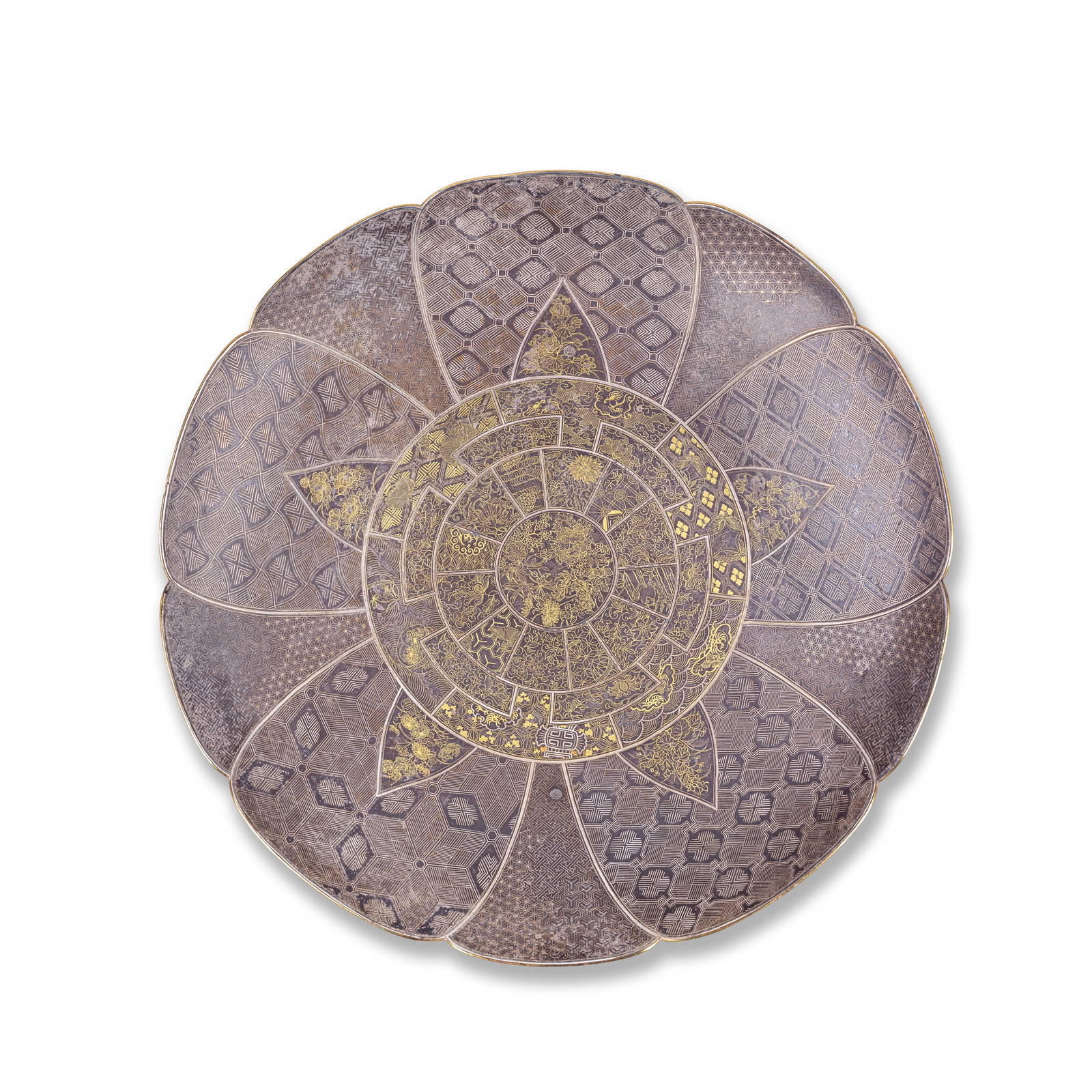 AN INLAID IRON FLOWER-FORM DISH By Komai of Kyoto, Meiji period