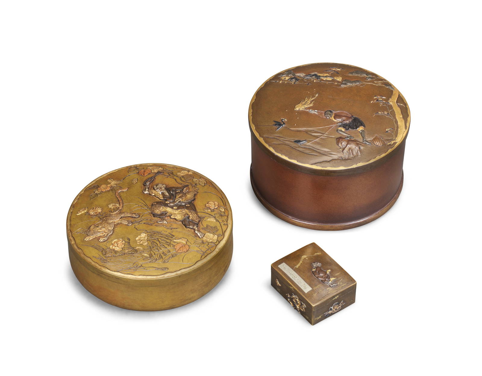 THREE INLAID COPPER ALLOY BOXES Meiji Period (5)