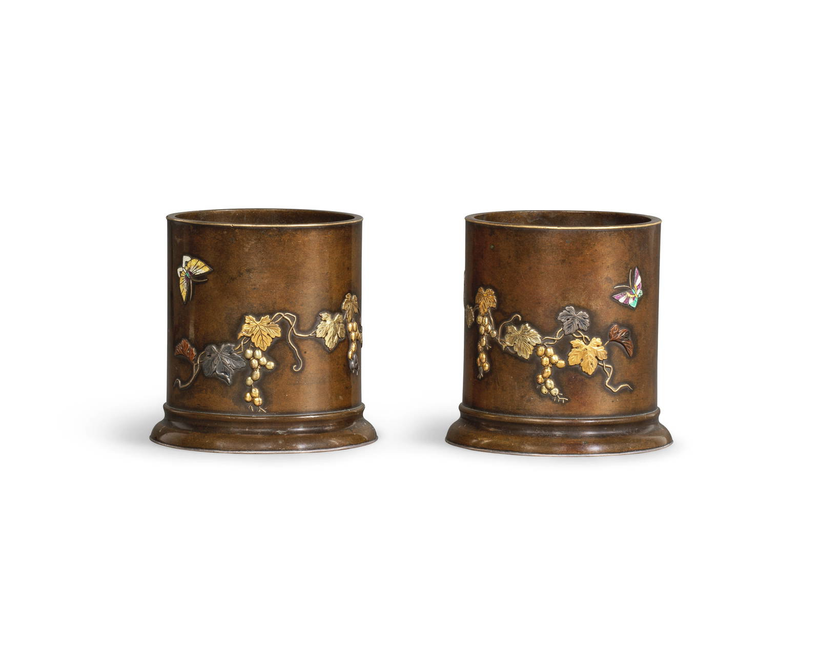 A PAIR OF INLAID BRONZE BRUSHPOTS Meiji Period (2)