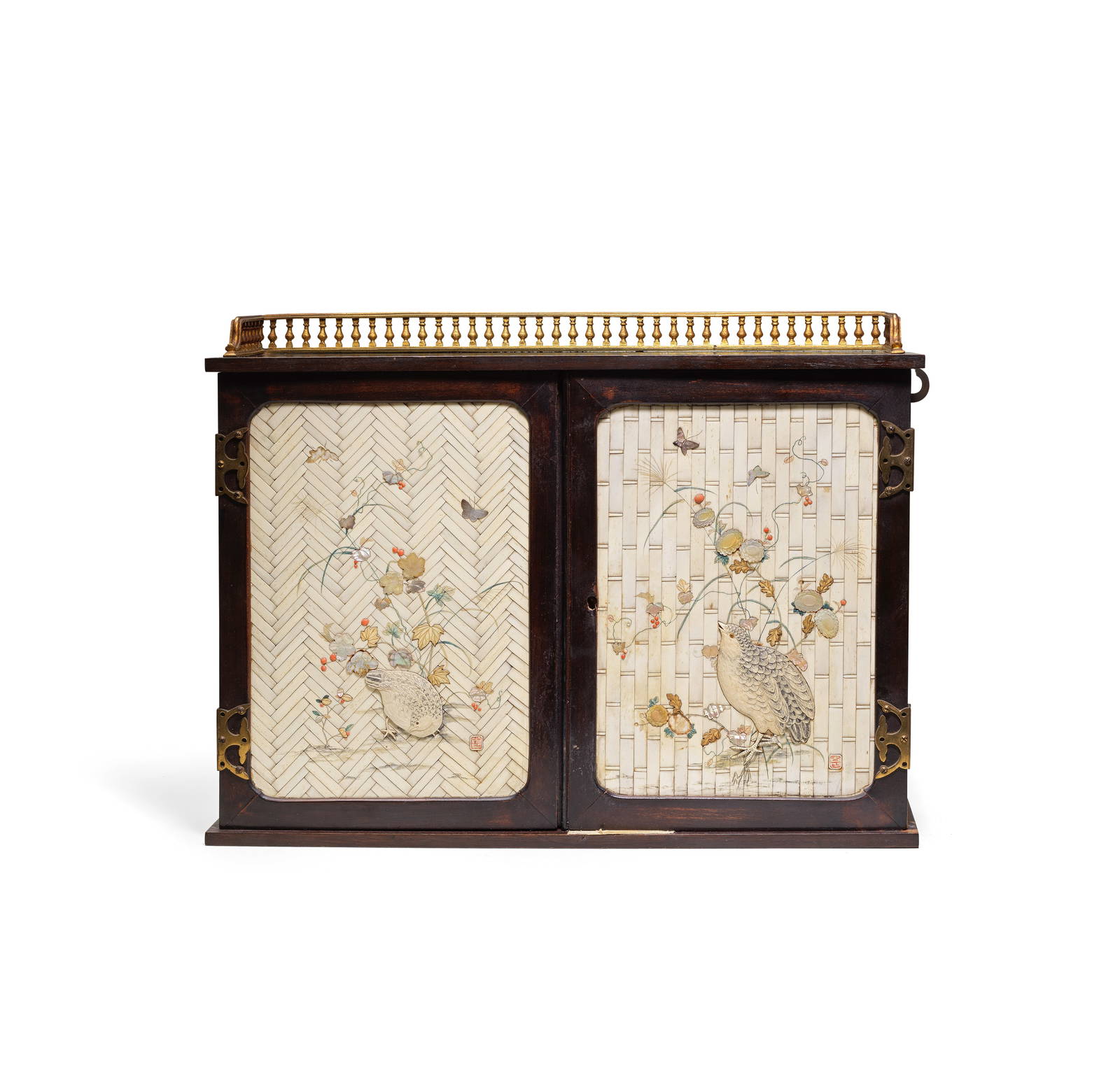 A EUROPEAN HARD WOOD CABINET INSET WITH SHIBAYAMA STYLE PANELS The panels Meiji period