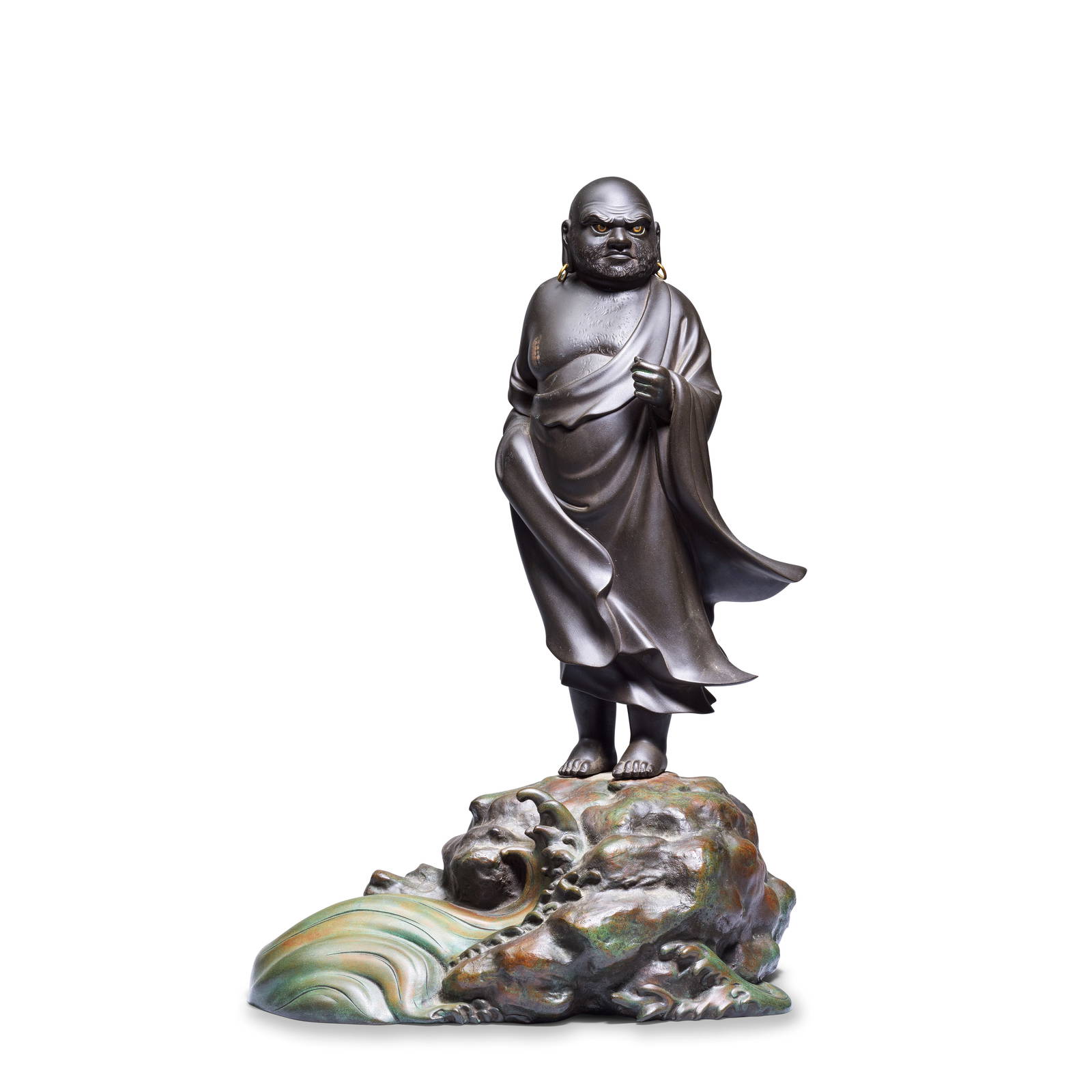 A BRONZE OKIMONO OF BODHIDHARMA ON ROCKWORK By Hideaki, Meiji period