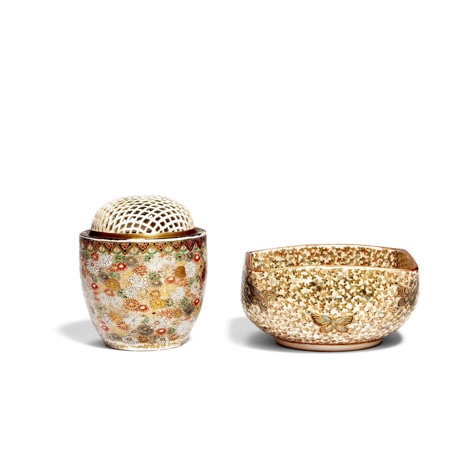 A SATSUMA KORO AND COVER AND A SATSUMA SQUARE BOWL Meiji period (3)