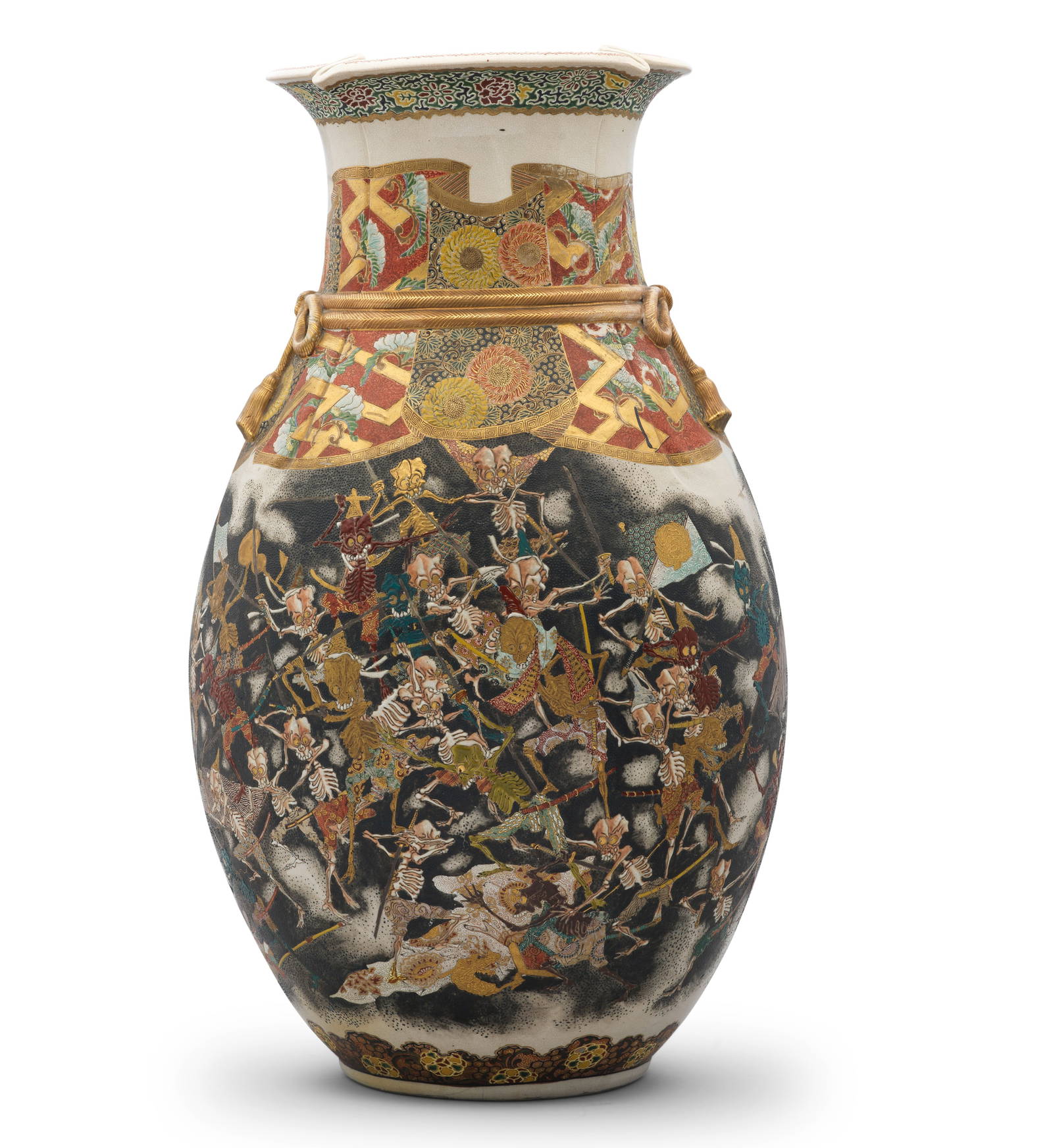 A LARGE SATSUMA LARGE BALUSTER VASE WITH SCENES OF BATTLING SKELETONS Meiji period, circa 1880s-...
