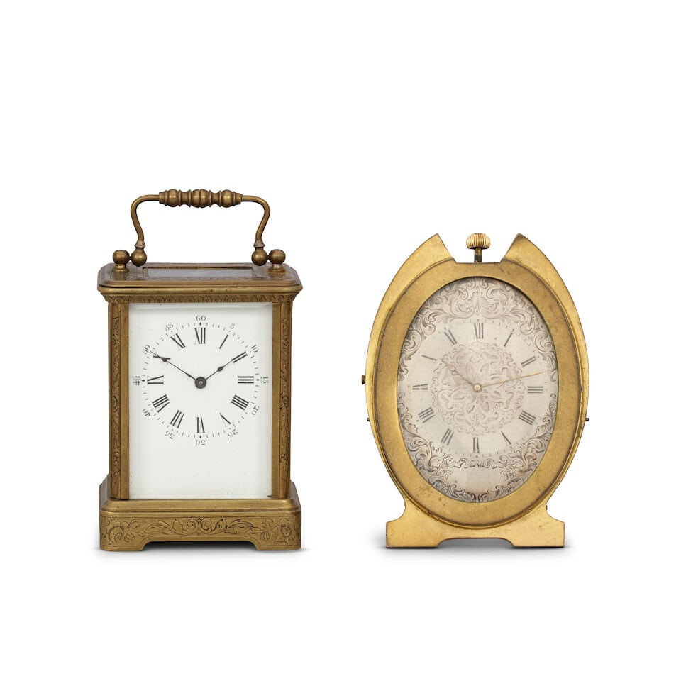 A collection of two clocks: a late 19th-century French engraved carriage timepiece and a mid-19t... (1 of 7)