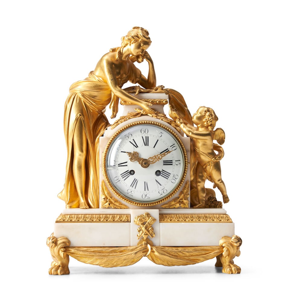 GILT BRONZE AND ALABASTER FIGURAL MANTEL CLOCK, attributed to Francois Vion (French, Maitre 17... (1 of 2)