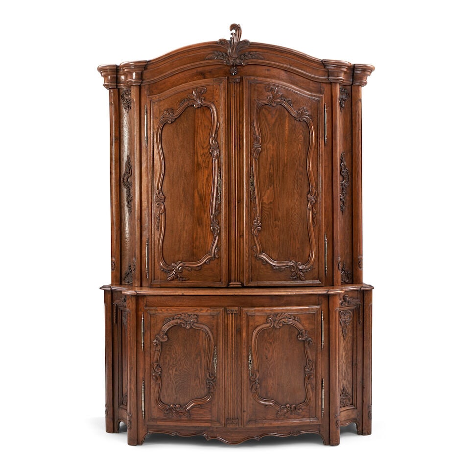 CARVED WALNUT BOW FRONT ARMOIRE, late 18th/early 19th century, (1 of 2)