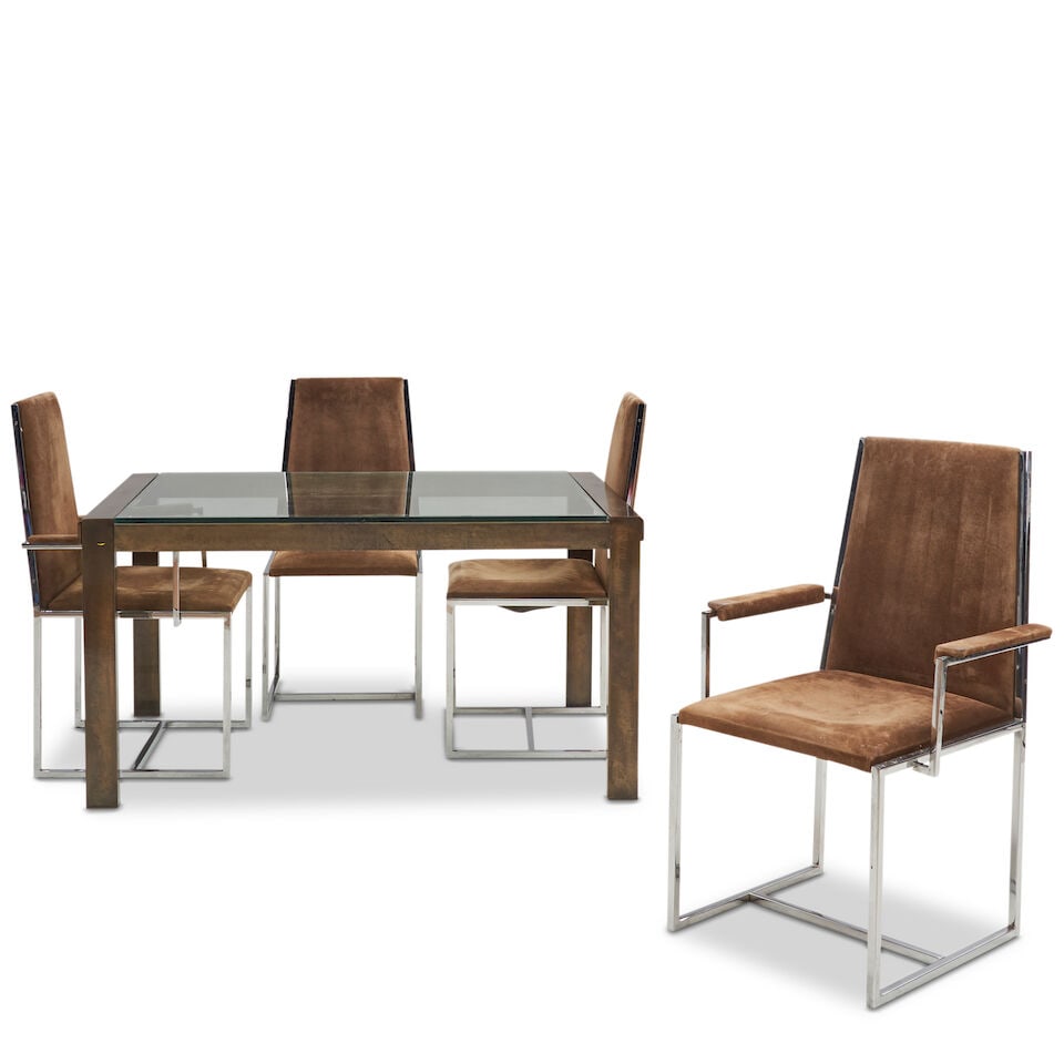 MODERN METAL AND GLASS DINING TABLE WITH FOUR CHROME-FRAMED UPHOLSTERED CHAIRS Late 20th/early 2... (1 of 2)