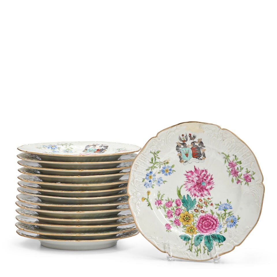 FOURTEEN EUROPEAN ARMORIAL ENAMEL-DECORATED DINNER PLATES,: FOURTEEN EUROPEAN ARMORIAL ENAMEL-DECORATED DINNER PLATES, with floral and armorial decoration, unmarked, dia. 10 1/8 in. Footnotes: OVERALL CONDITION: Minor gilt wear and some scratches; one plate wi