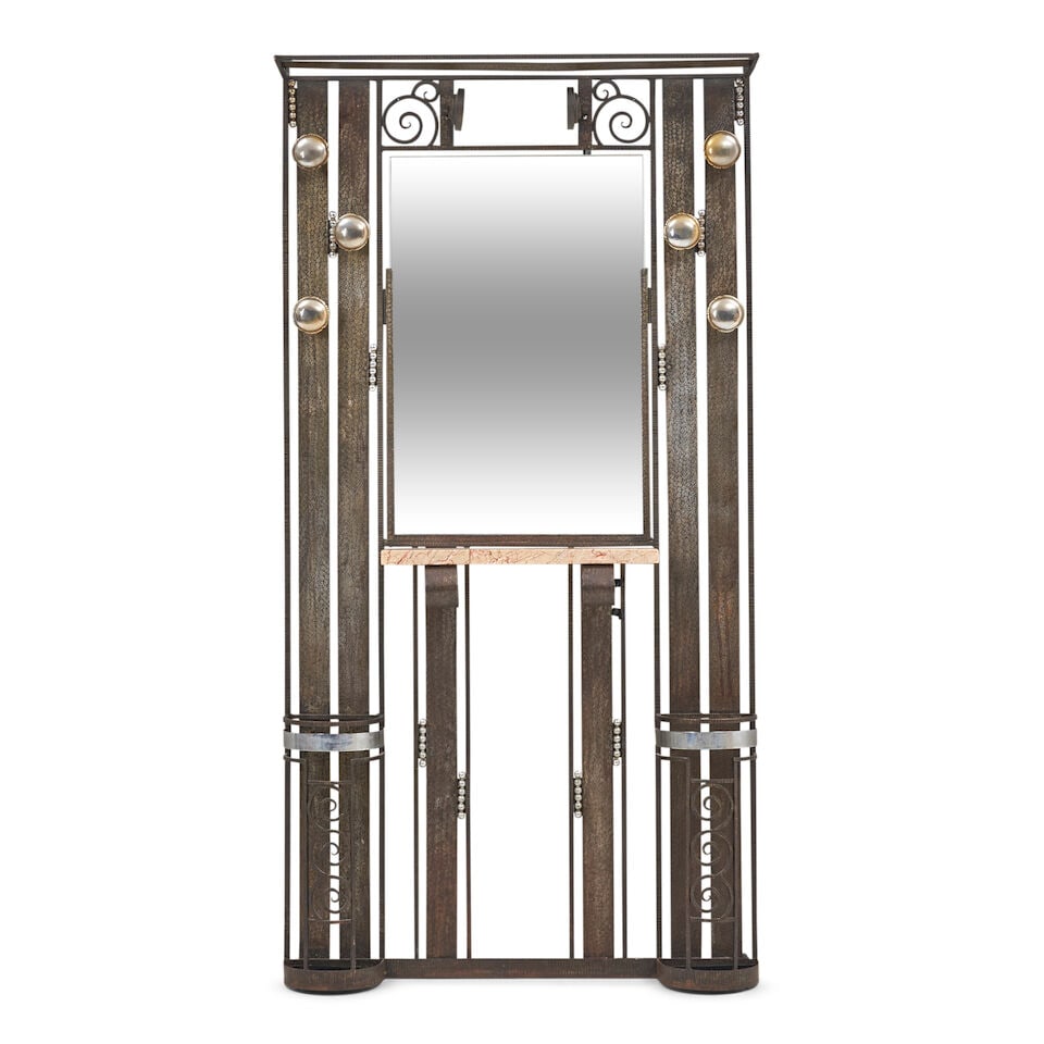 AMERICAN ART DECO IRON HALL STAND WITH MIRROR AND LIGHT Circa 1930, (1 of 2)