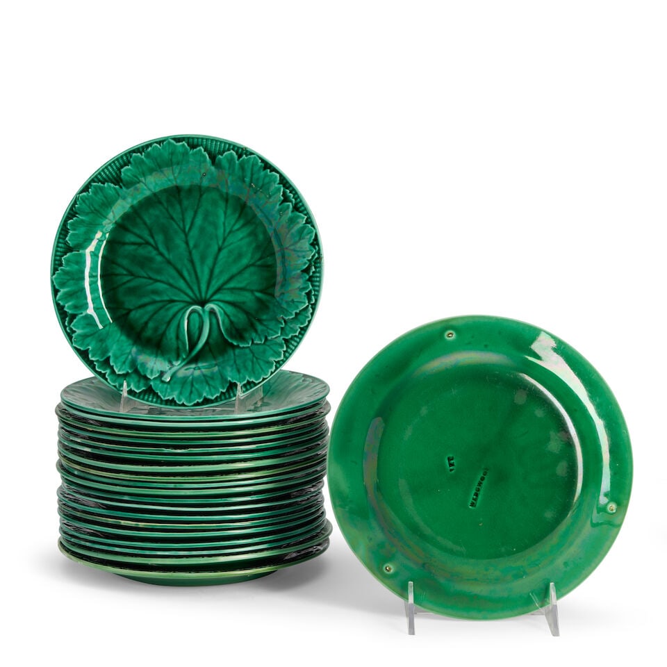 TWENTY-ONE WEDGWOOD GREEN-GLAZED LEAF-FORM MAJOLICA PLATES (1 of 1)