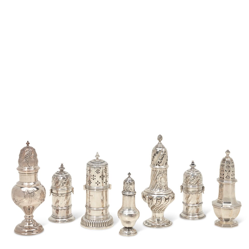 Seven English Sterling Silver Muffineers and Casters,: Seven English Sterling Silver Muffineers and Casters, includes matched pair of muffineers, London, 1893, one by F B Thomas & Co, the other Charles Stuart Harris, with spiral turned bodies, ht. 6 1/2;