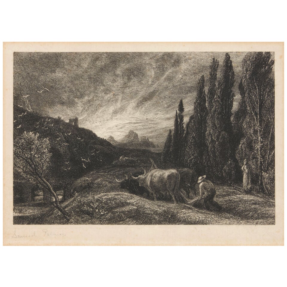SAMUEL PALMER (BRITISH, 1805-1881) The Early Ploughman: SAMUEL PALMER (BRITISH, 1805-1881) The Early Ploughman Etching on paper, signed in pencil (lower left), framed. sight size 6 x 8 1/2, frame size 13 3/4 x 15 5/8 in. Footnotes: Provenance The Justin Sc