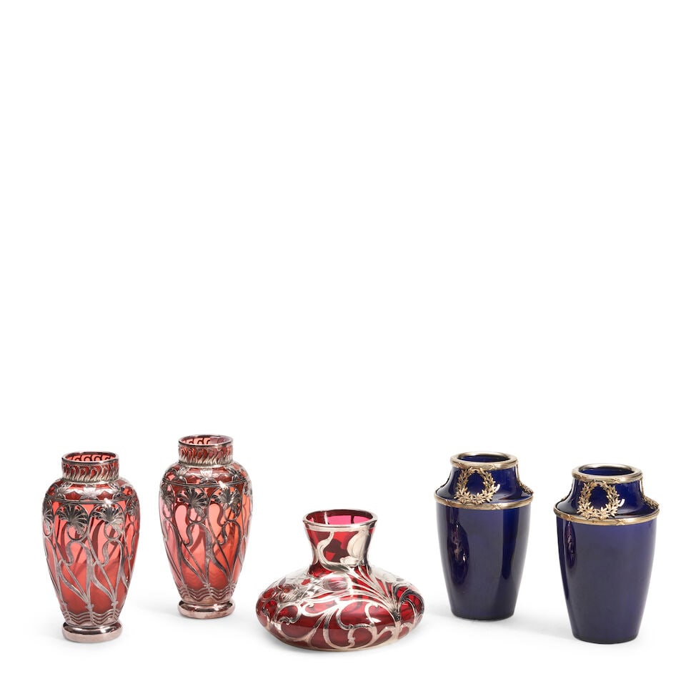 Five Art Glass and Ceramic Overlay Vases,: Five Art Glass and Ceramic Overlay Vases, includes pair of cranberry glass baluster-form vases with floral overlay, apparently unmarked, ht. 5 3/4; pair of Gien cobalt ceramic vases with silver-gilt o