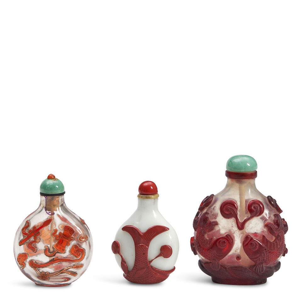 A GROUP OF THREE RED OVERLAY GLASS SNUFF BOTTLES China, (3) (1 of 1)