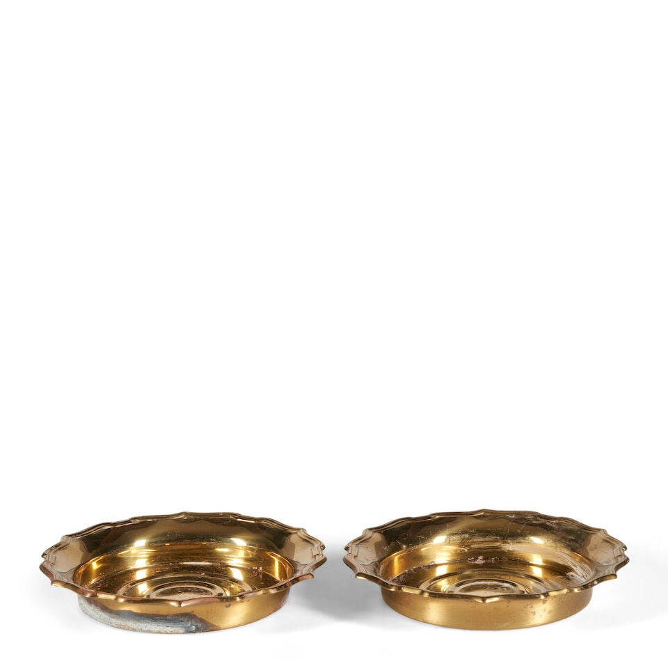 PAIR OF BRASS WINE COASTERS 20th century,: PAIR OF BRASS WINE COASTERS 20th century, with scalloped rims, each marked 'Seiden Brass' underside, ht. 1, dia. 7 in. Footnotes: OVERALL CONDITION: Wear consistent with age and use, including scatter