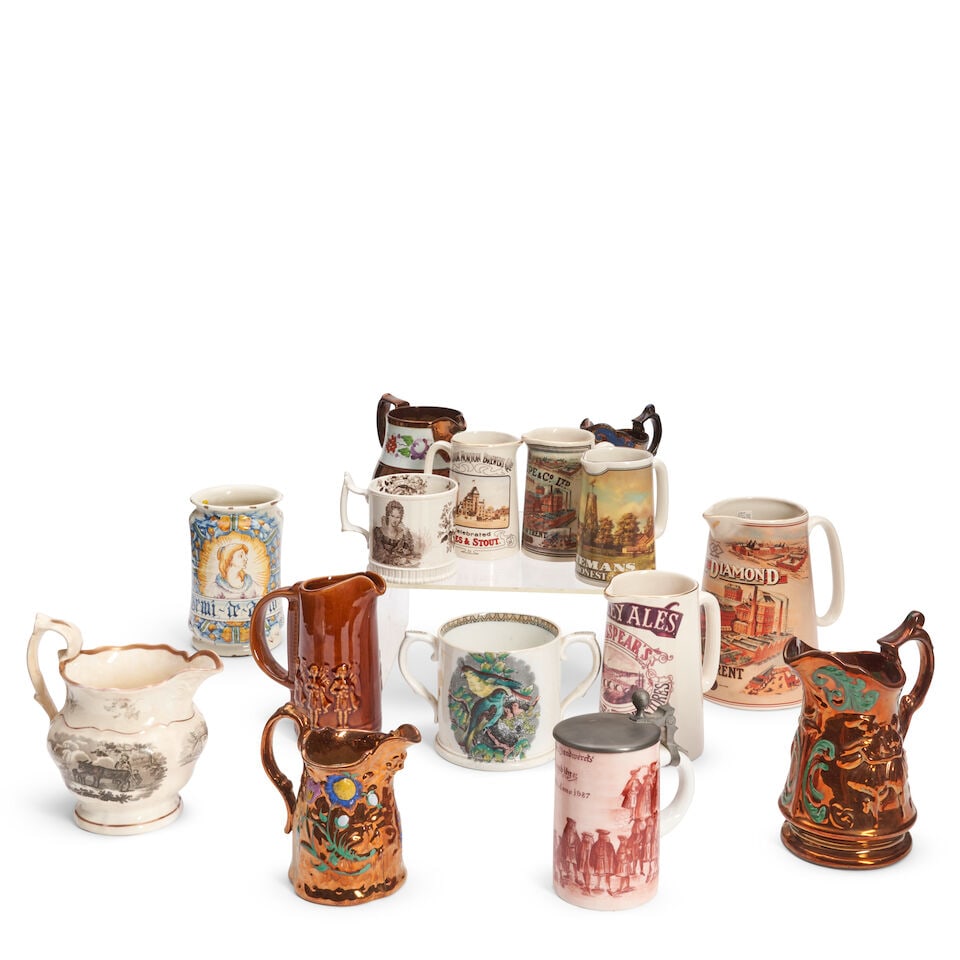GROUP OF FIFTEEN CERAMIC VESSELS: FOURTEEN JUGS AND MUGS, AND A JAR 19th/20th century, (1 of 1)