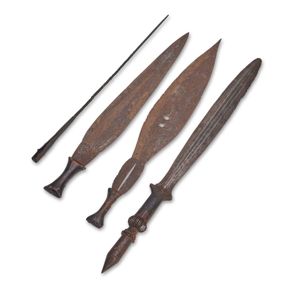 YAKA KNIFE, TWO BWA/YEW KNIVES, AND A WROUGHT IRON TIP (1 of 2)