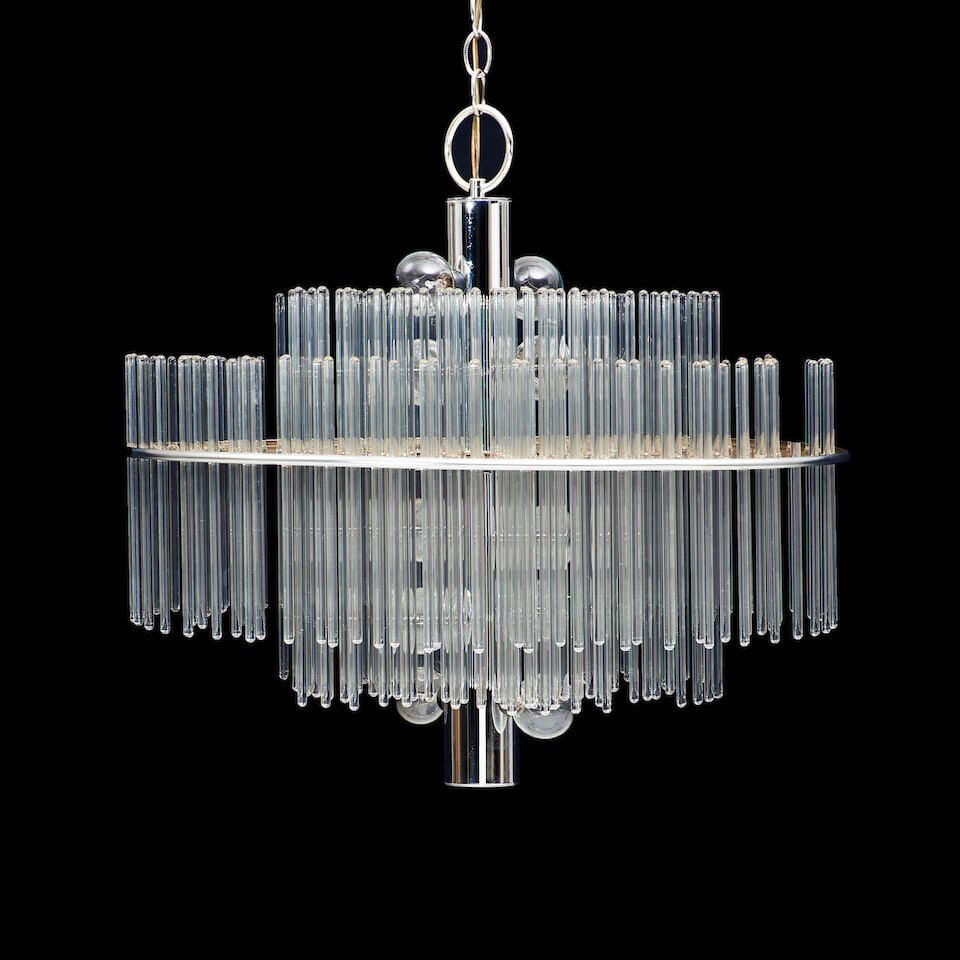 MID-CENTURY MODERN ITALIAN GLASS AND CHROMED METAL CHANDELIER c. 1965, removable glass rods, ten... (1 of 1)