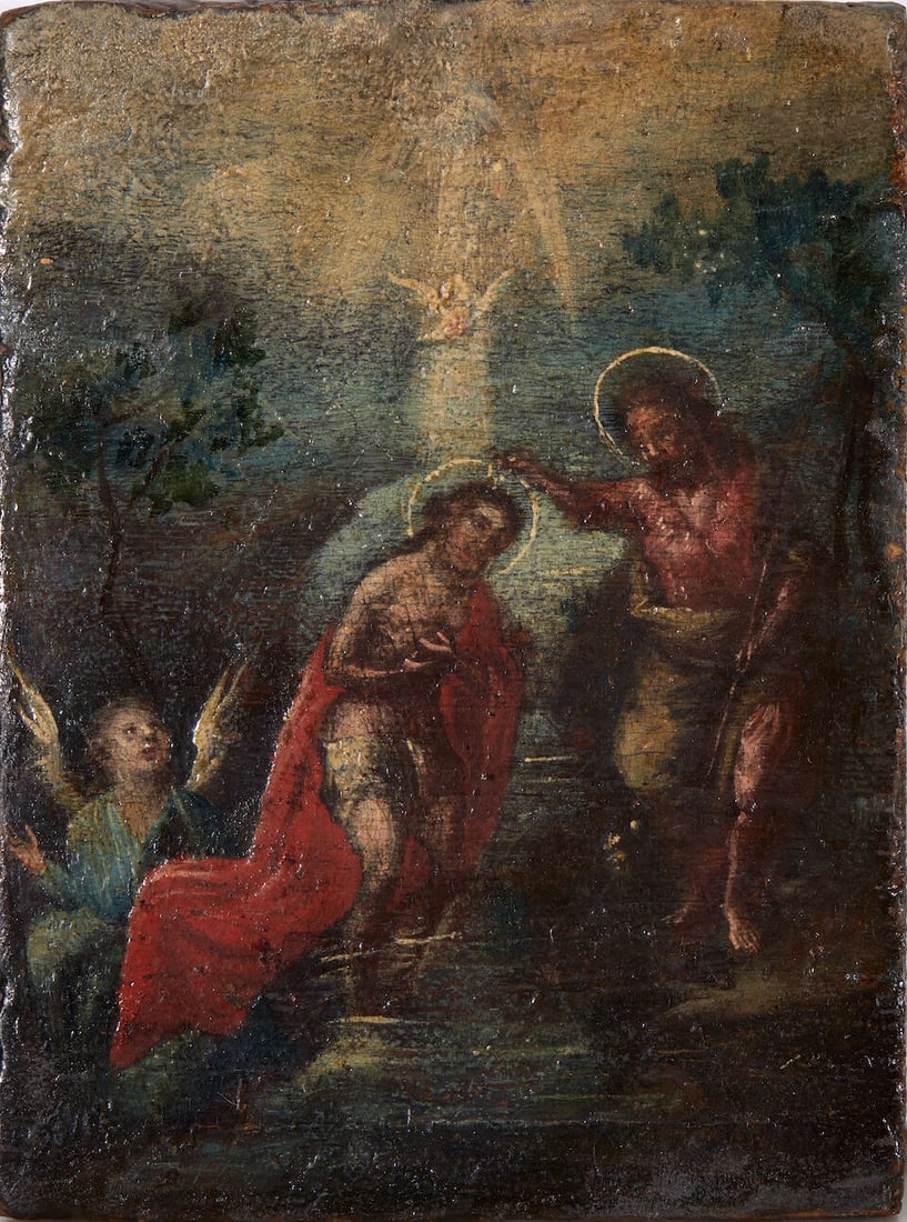 Spanish School, 19th Century The Baptism of Christ 18.8 x 14.0 x 2.0 cm (7 3/8 x 5 1/2 x 13/16 i...: Spanish School, 19th Century The Baptism of Christ unsigned oil on panel 18.8 x 14.0 x 2.0 cm (7 3/8 x 5 1/2 x 13/16 in). unframed Footnotes: Provenance The collection of Ernst Hoffman, New York. A pr