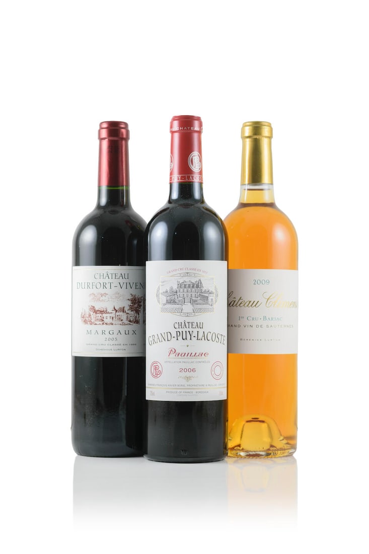 Château Durfort-Vivens, 2005 (3 x 750ml) Château Grand-Puy-Lacoste, 2006 (3 x 750ml) C...: Château Durfort-Vivens, 2005 (3 x 750ml) Region: Margaux Château Grand-Puy-Lacoste, 2006 (3 x 750ml) Region: Pauillac Château Climens, 2009 (6 x 750ml) Region: Barsac Packaging: origina