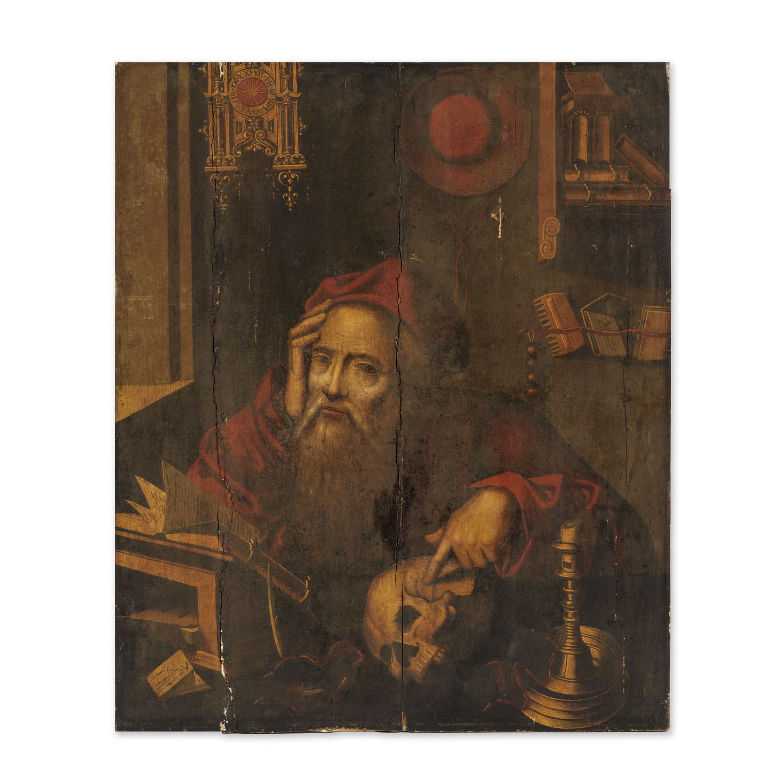 Suiveur de Joos Van Cleve (Anvers 1484-1541) Saint Jérôme dans son étude sans cad...: Suiveur de Joos Van Cleve (Anvers 1484-1541) Saint Jérôme dans son étude huile sur panneau, coupé oil on panel, cut down 64.7 x 53cm (25 1/2 x 20 7/8in). sans cadre │ unf