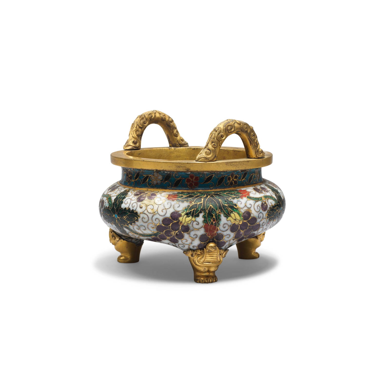 A RARE GILT-BRONZE AND CLOISONNÉ ENAMEL 'GRAPE' TRIPOD INCENSE BURNER, GUI Early Ming Dynasty
