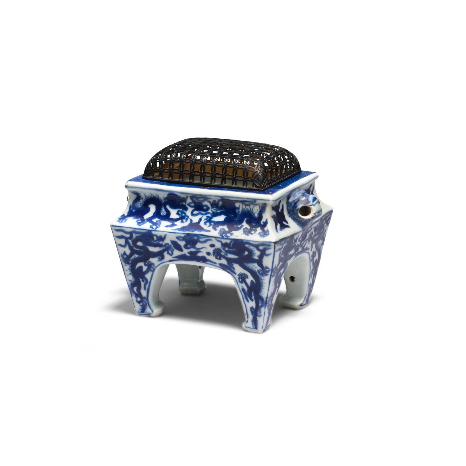 A RARE BLUE AND WHITE RECTANGULAR 'DRAGON' INCENSE BURNER, FANGDING Wanli six-character mark an...